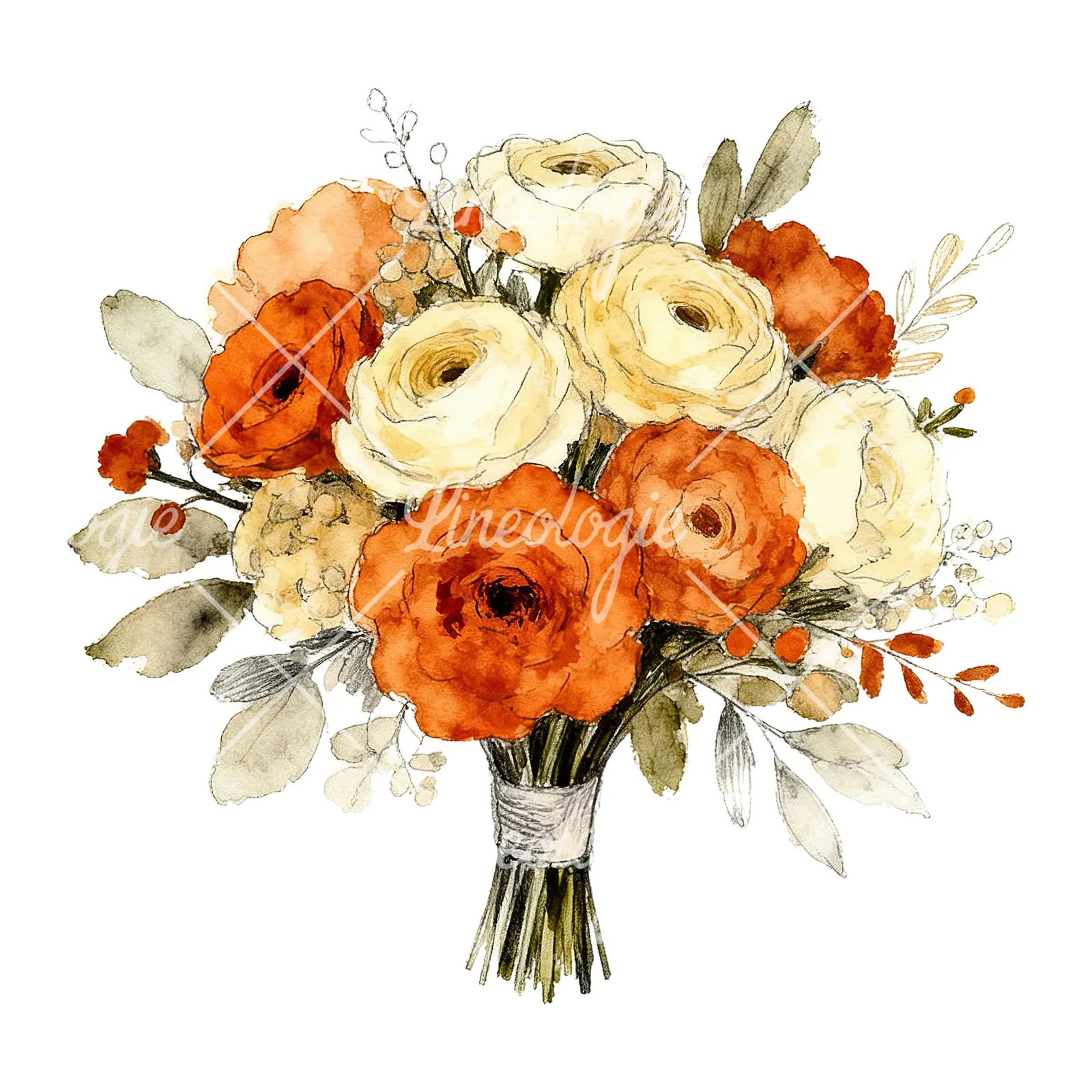 Watercolor burnt orange and cream wedding bouquet clipart 3 of 6 on a white background (JPG)