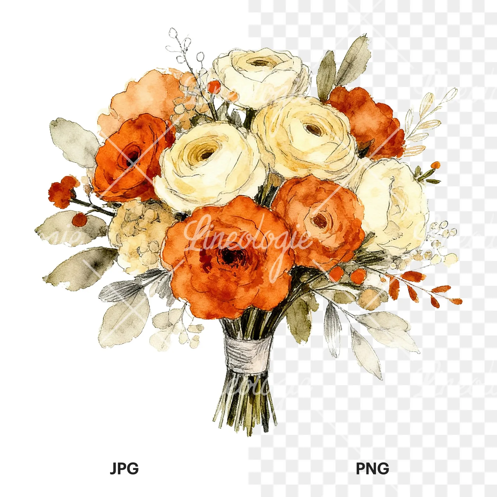 Watercolor burnt orange and cream wedding bouquet clipart 3 of 6, as a JPG on white and a transparent PNG