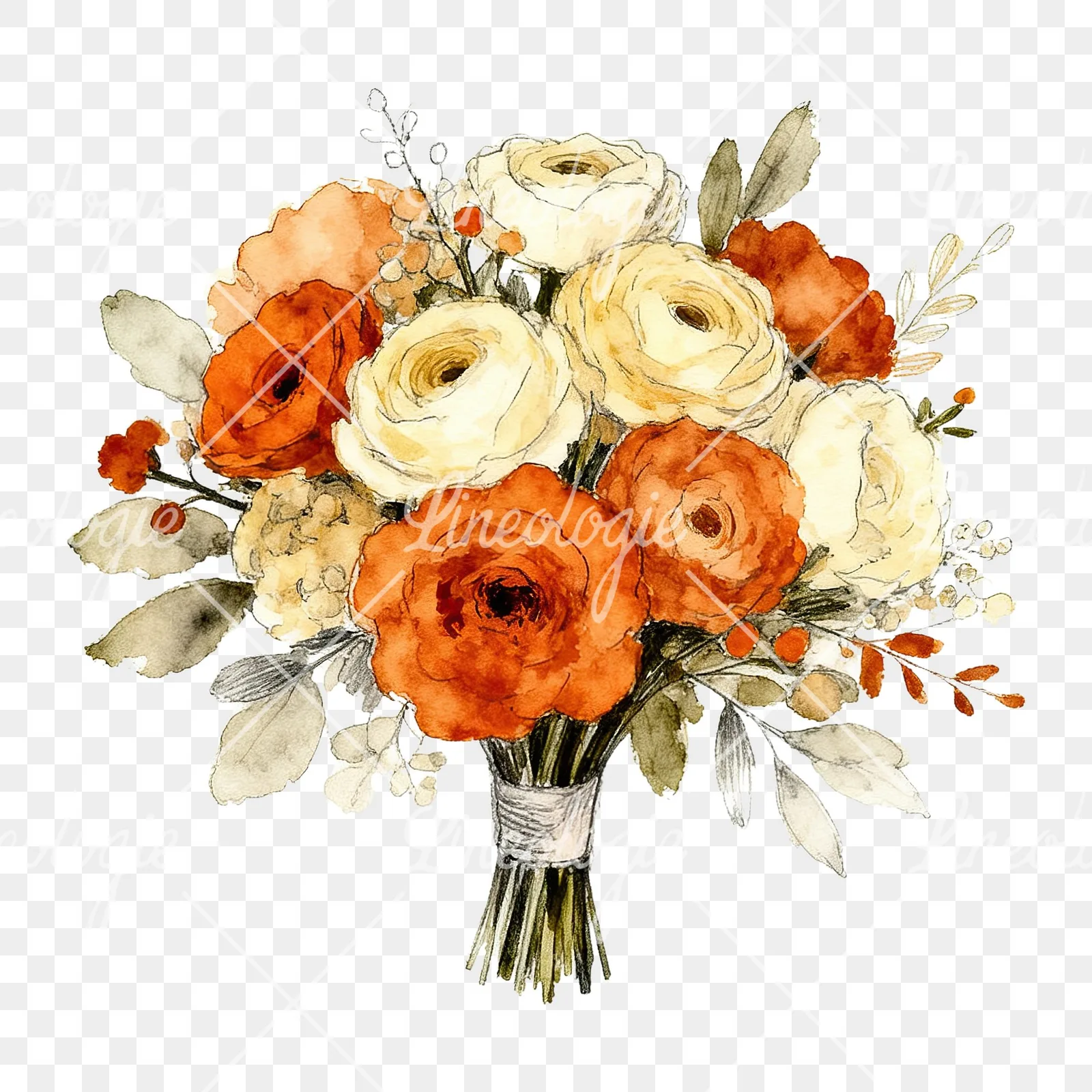 Watercolor burnt orange and cream wedding bouquet clipart 3 of 6 on a transparent background (PNG)