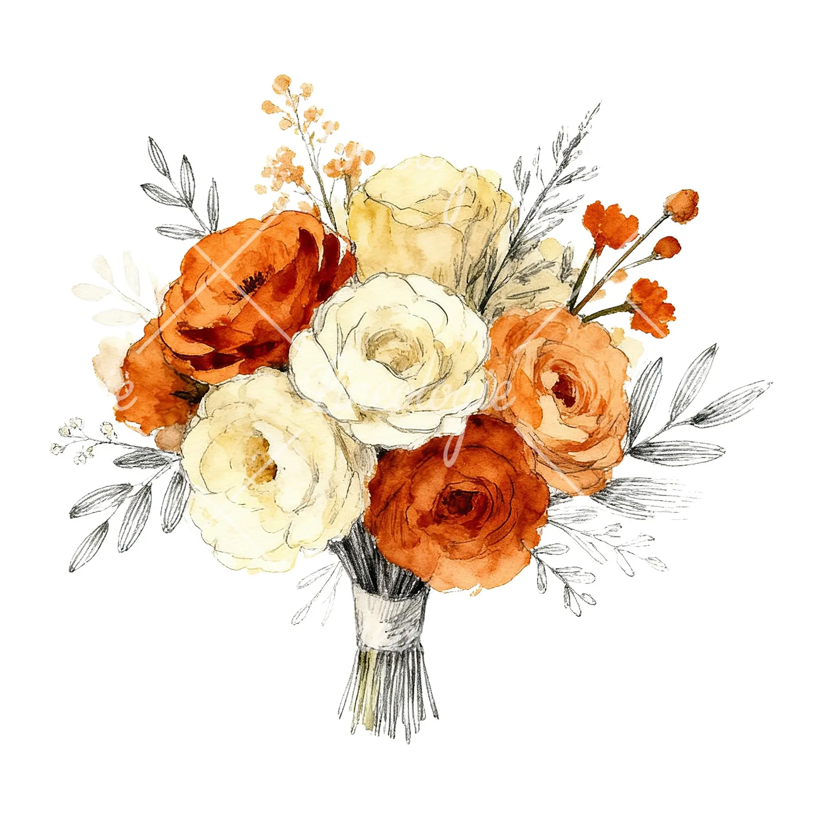 Watercolor burnt orange and cream wedding bouquet clipart 4 of 6 on a white background (JPG)