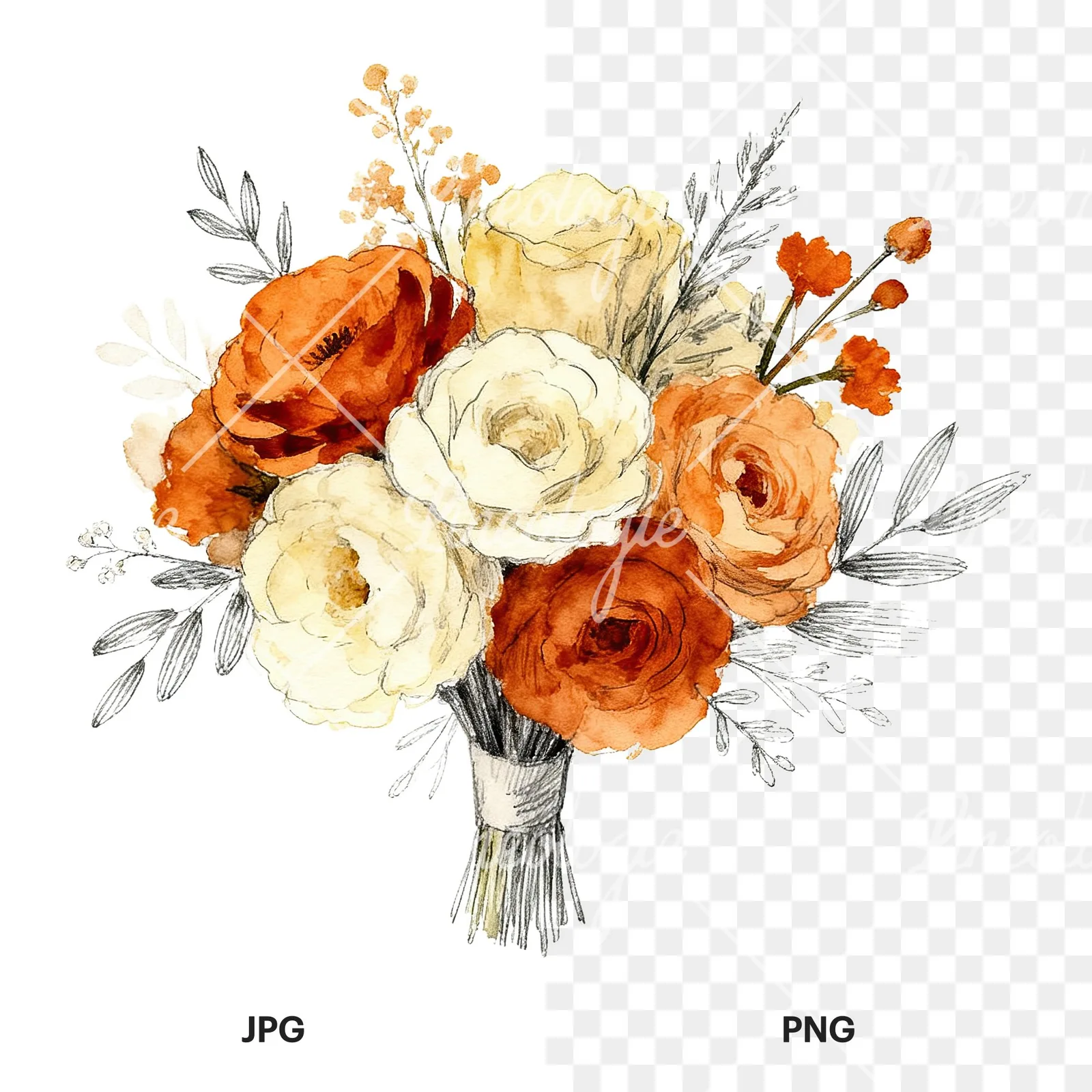 Watercolor burnt orange and cream wedding bouquet clipart 4 of 6, as a JPG on white and a transparent PNG