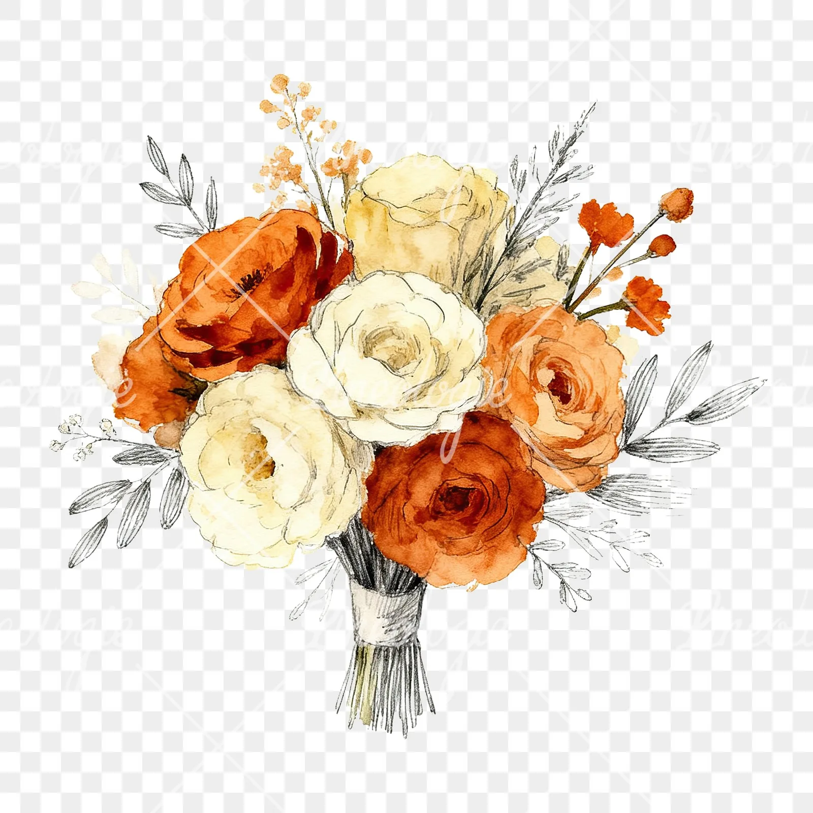 Watercolor burnt orange and cream wedding bouquet clipart 4 of 6 on a transparent background (PNG)