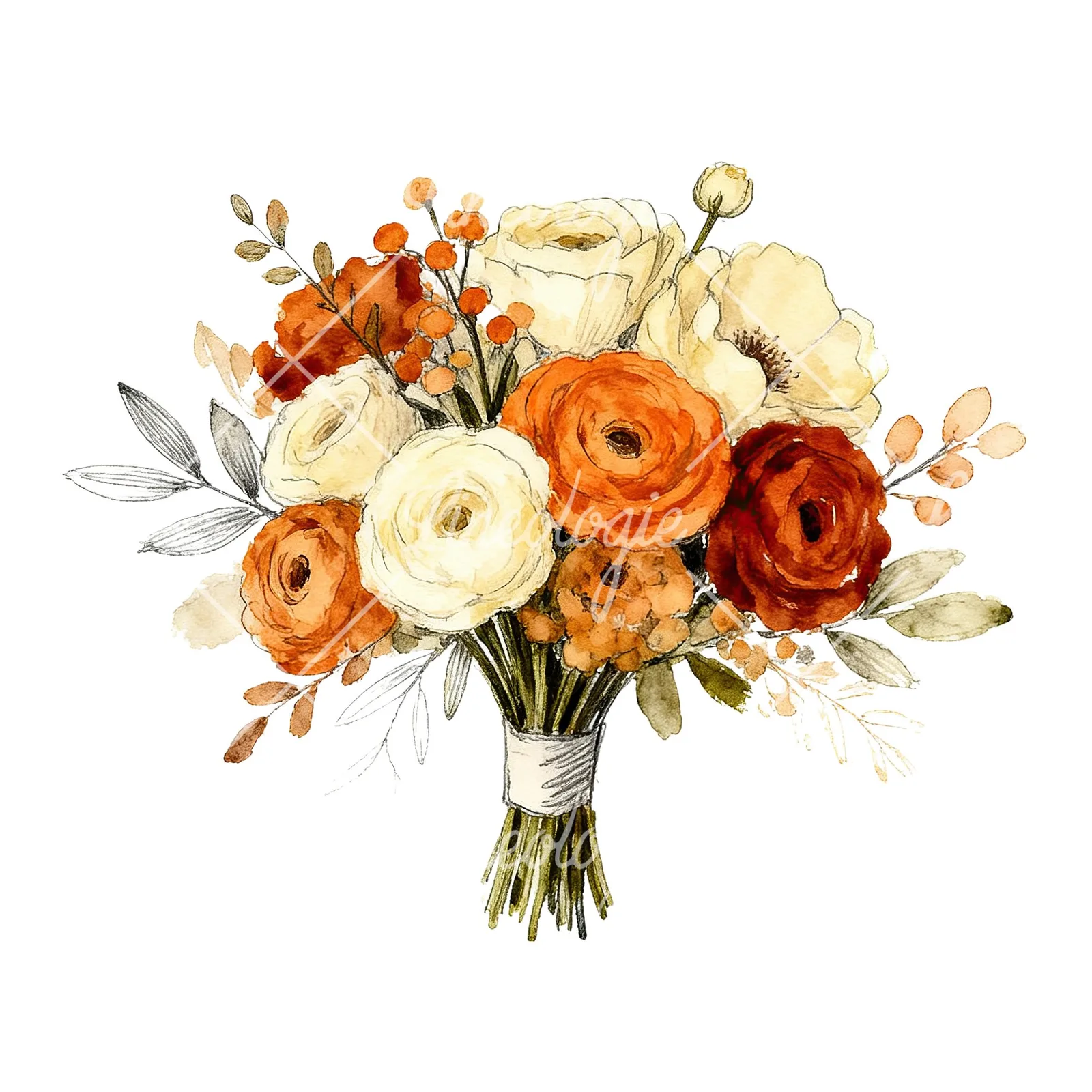 Watercolor burnt orange and cream wedding bouquet clipart 5 of 6 on a white background (JPG)