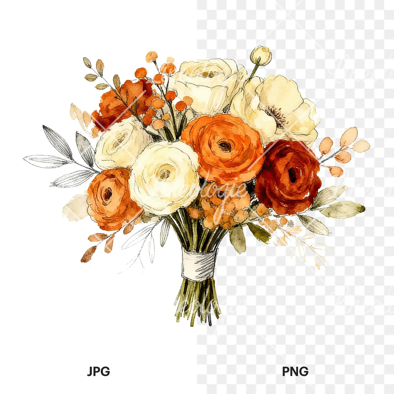 Watercolor burnt orange and cream wedding bouquet clipart 5 of 6, as a JPG on white and a transparent PNG