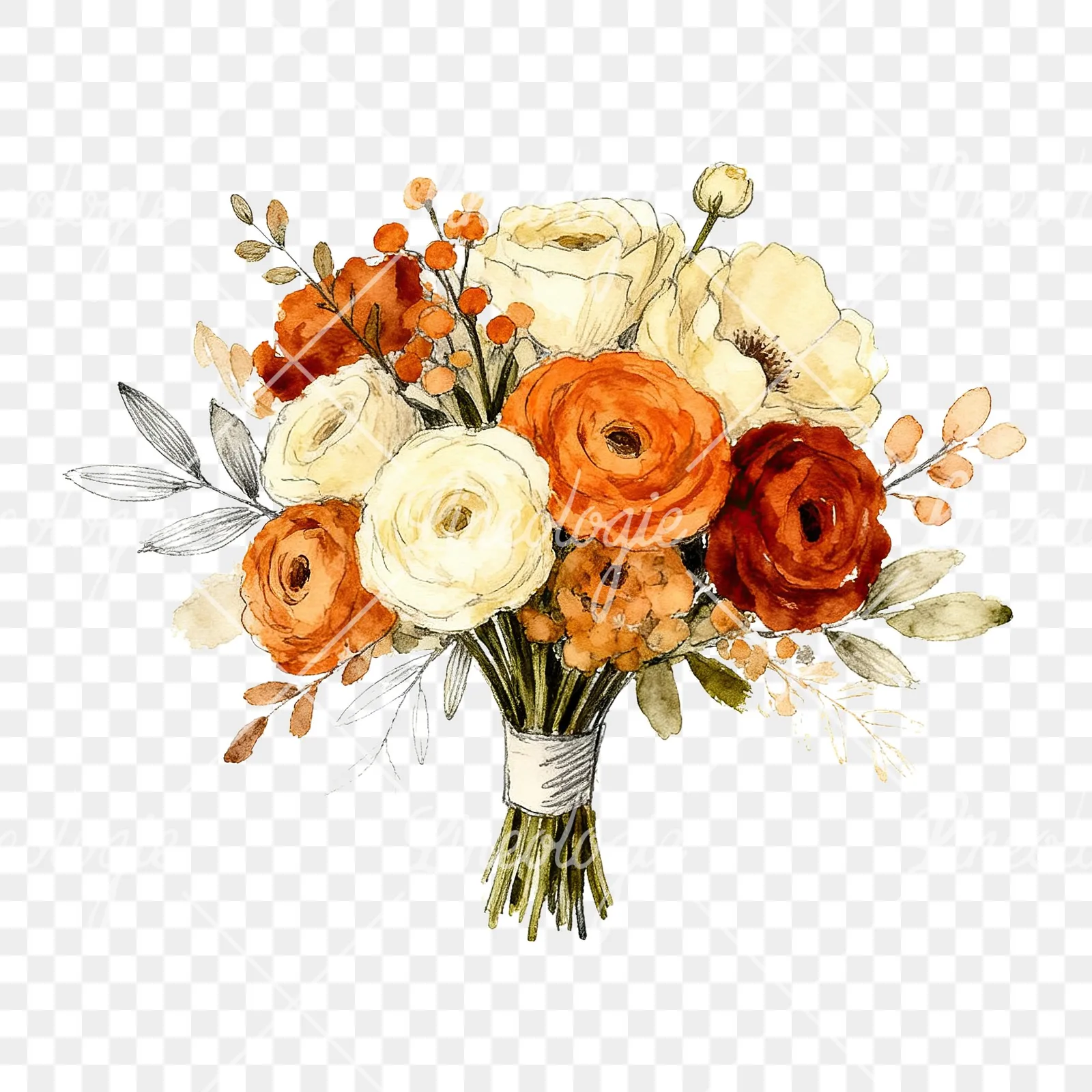 Watercolor burnt orange and cream wedding bouquet clipart 5 of 6 on a transparent background (PNG)