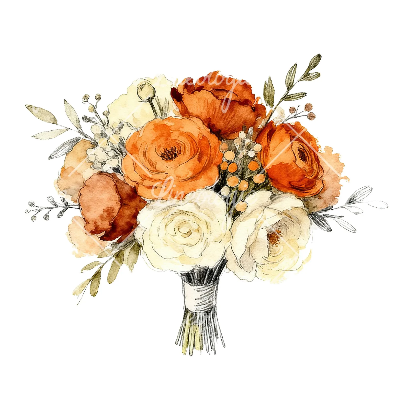 Watercolor burnt orange and cream wedding bouquet clipart 6 of 6 on a white background (JPG)