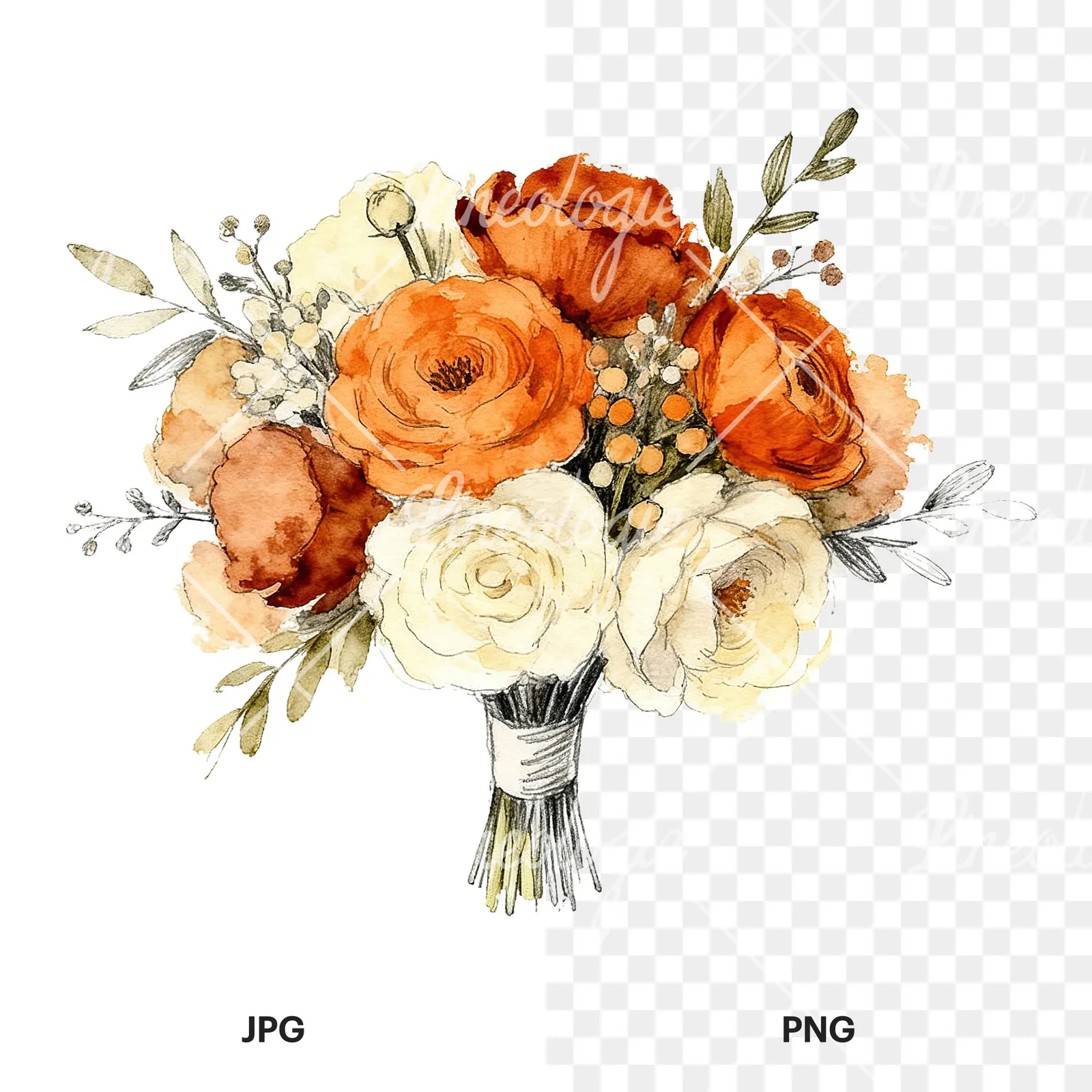 Watercolor burnt orange and cream wedding bouquet clipart 6 of 6, as a JPG on white and a transparent PNG