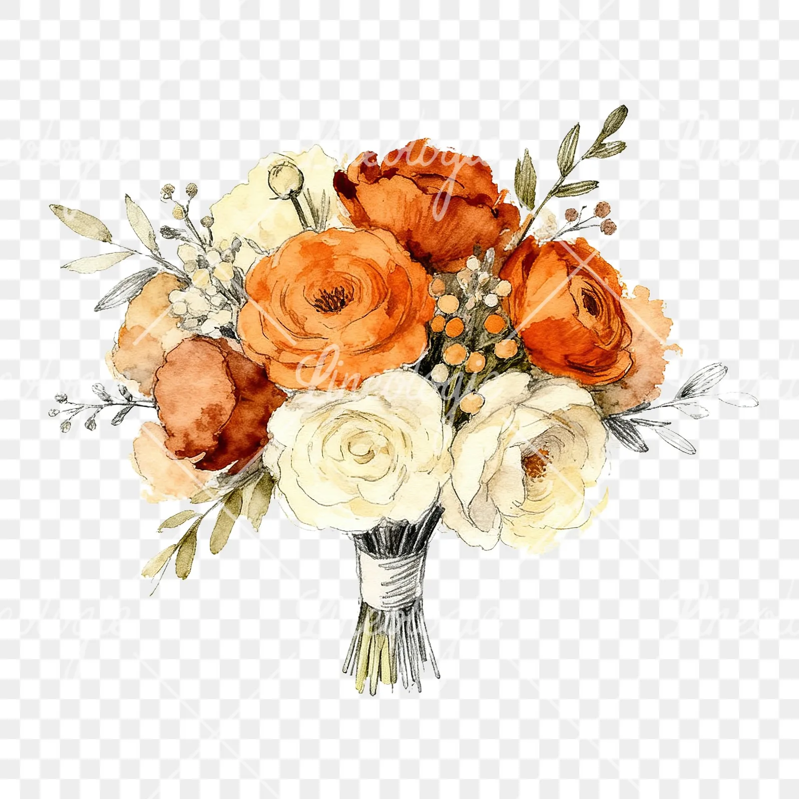Watercolor burnt orange and cream wedding bouquet clipart 6 of 6 on a transparent background (PNG)