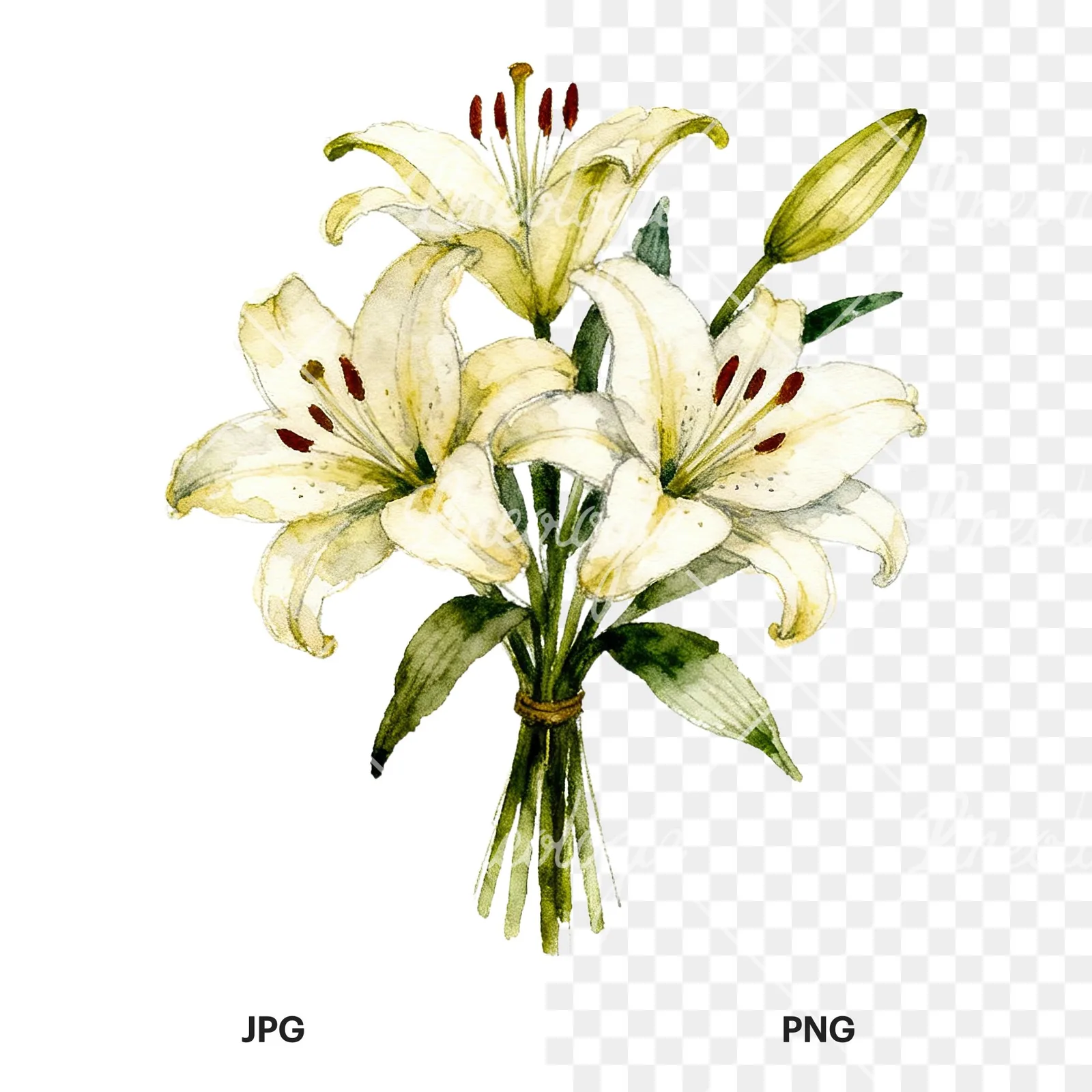 Watercolor pastel lily bouquet clipart 1 of 6, as a JPG on white and a transparent PNG