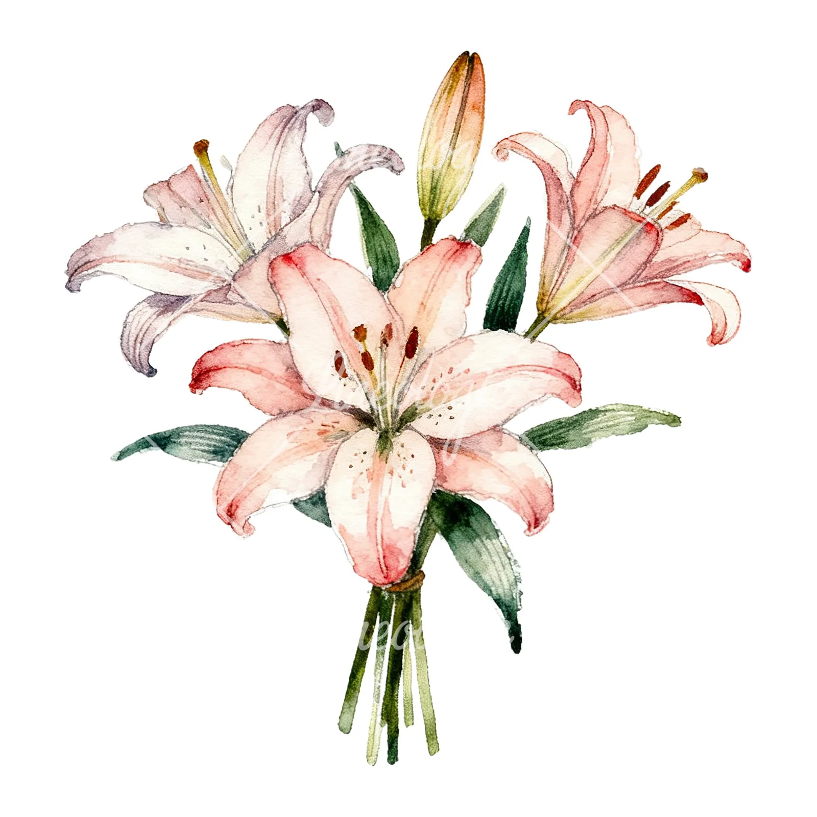 Watercolor pastel lily bouquet clipart 2 of 6 on a white background (JPG)