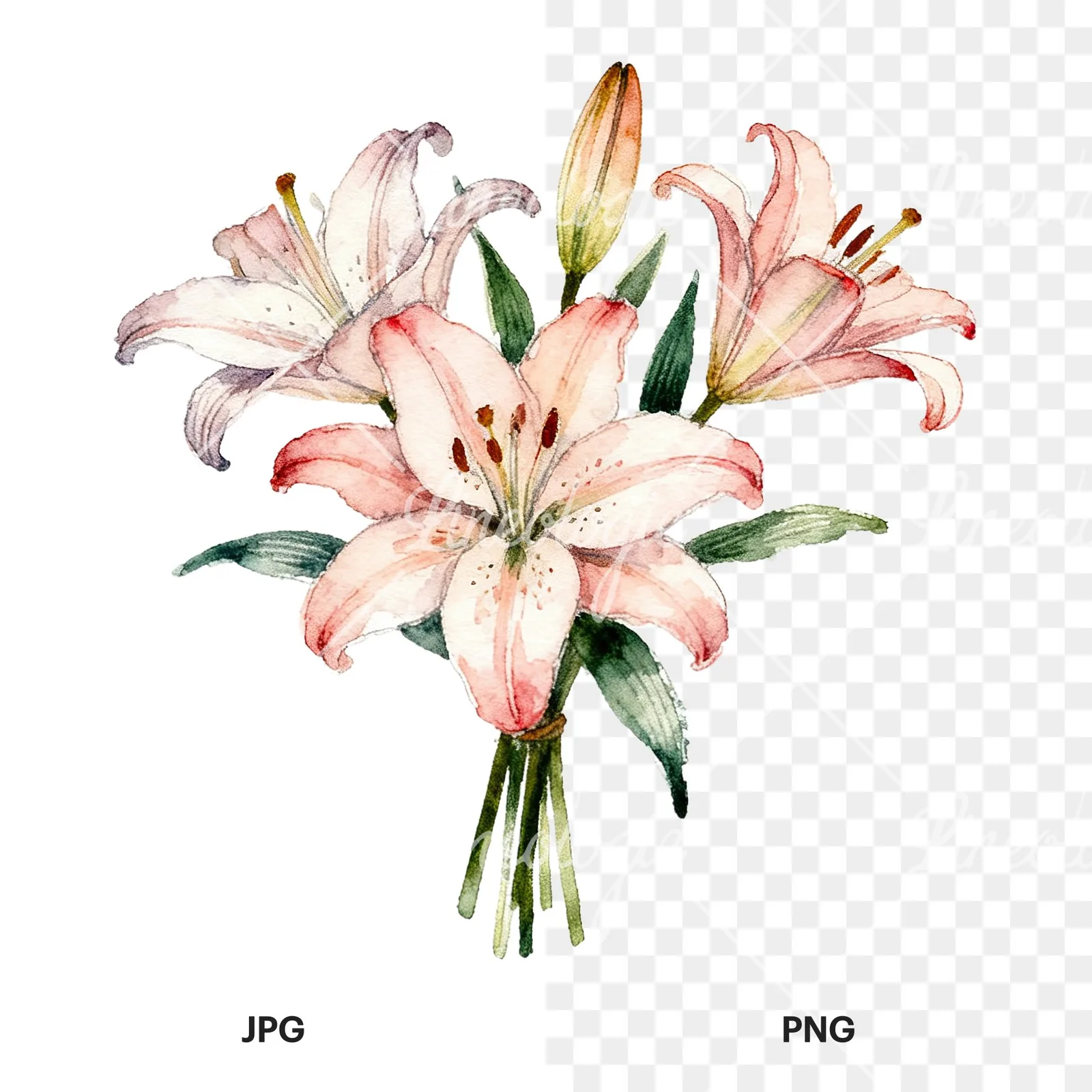 Watercolor pastel lily bouquet clipart 2 of 6, as a JPG on white and a transparent PNG