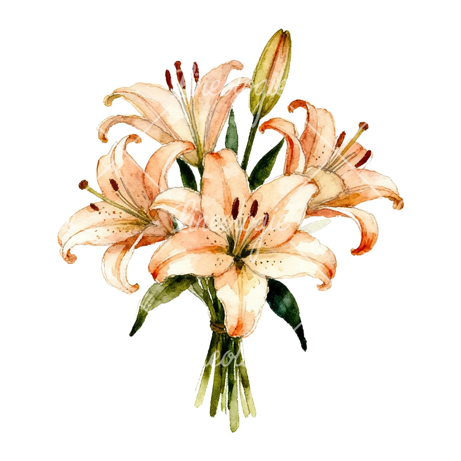 Watercolor pastel lily bouquet clipart 3 of 6 on a white background (JPG)
