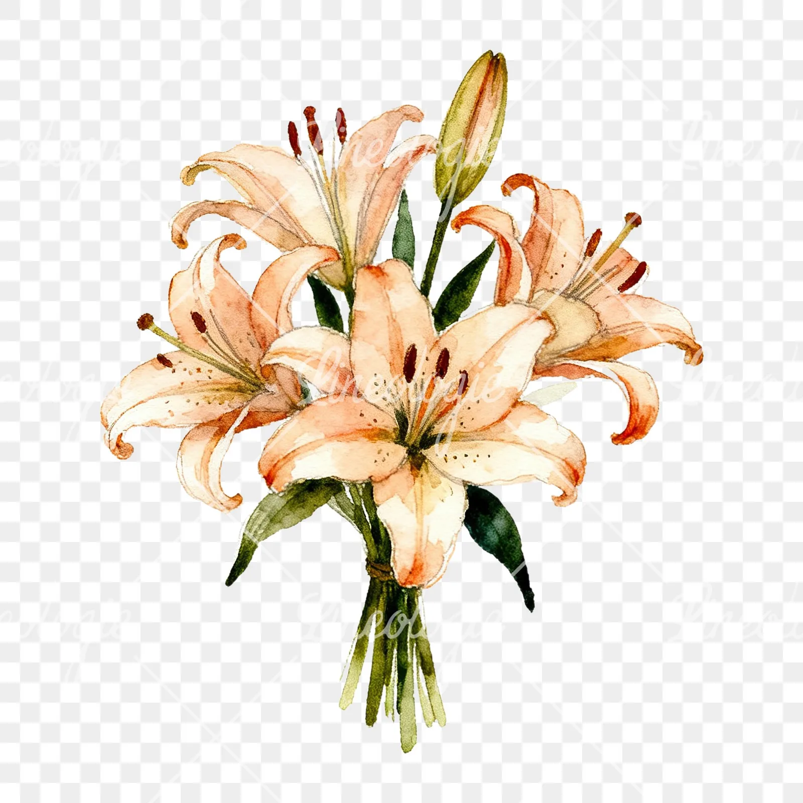 Watercolor pastel lily bouquet clipart 3 of 6 on a transparent background (PNG)