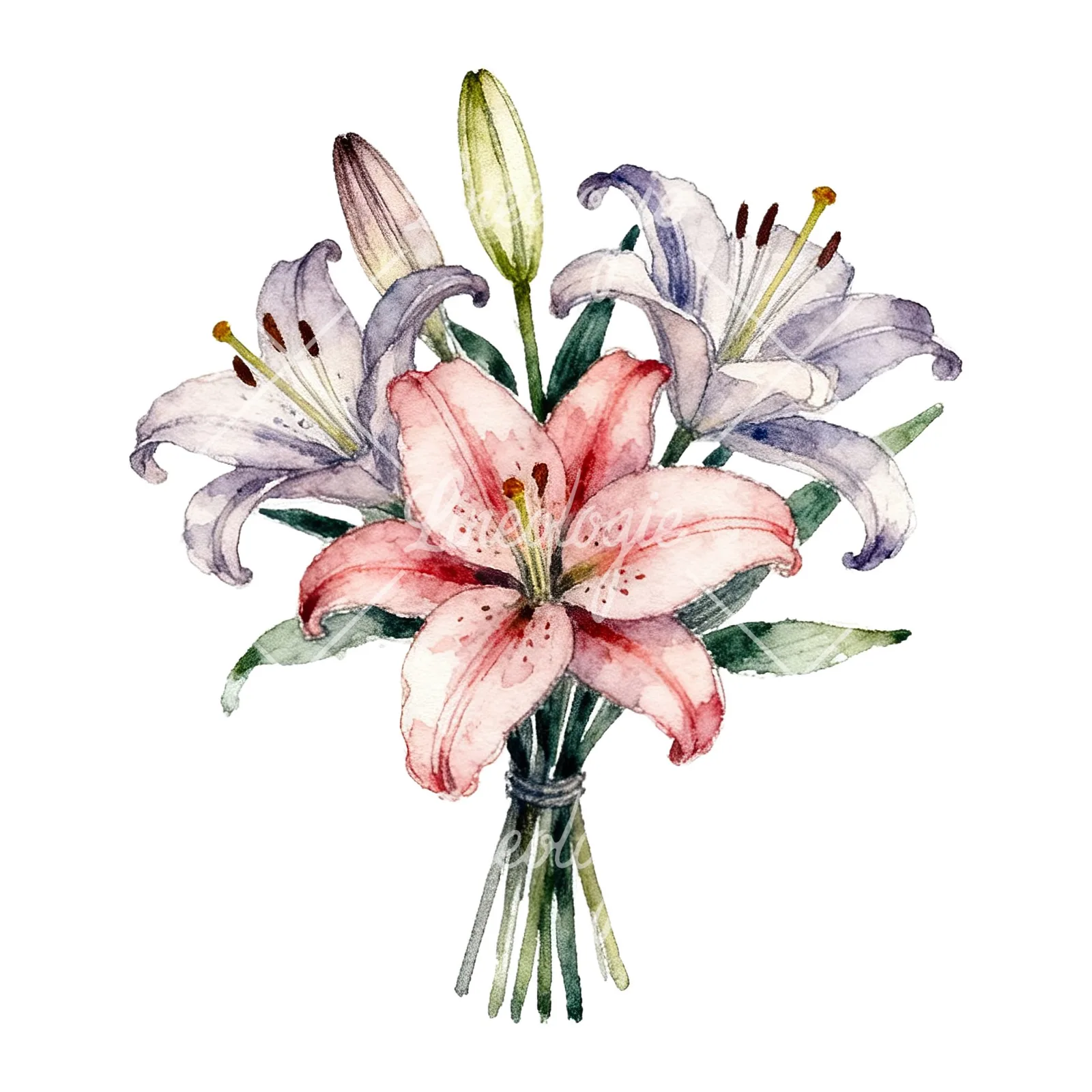 Watercolor pastel lily bouquet clipart 4 of 6 on a white background (JPG)
