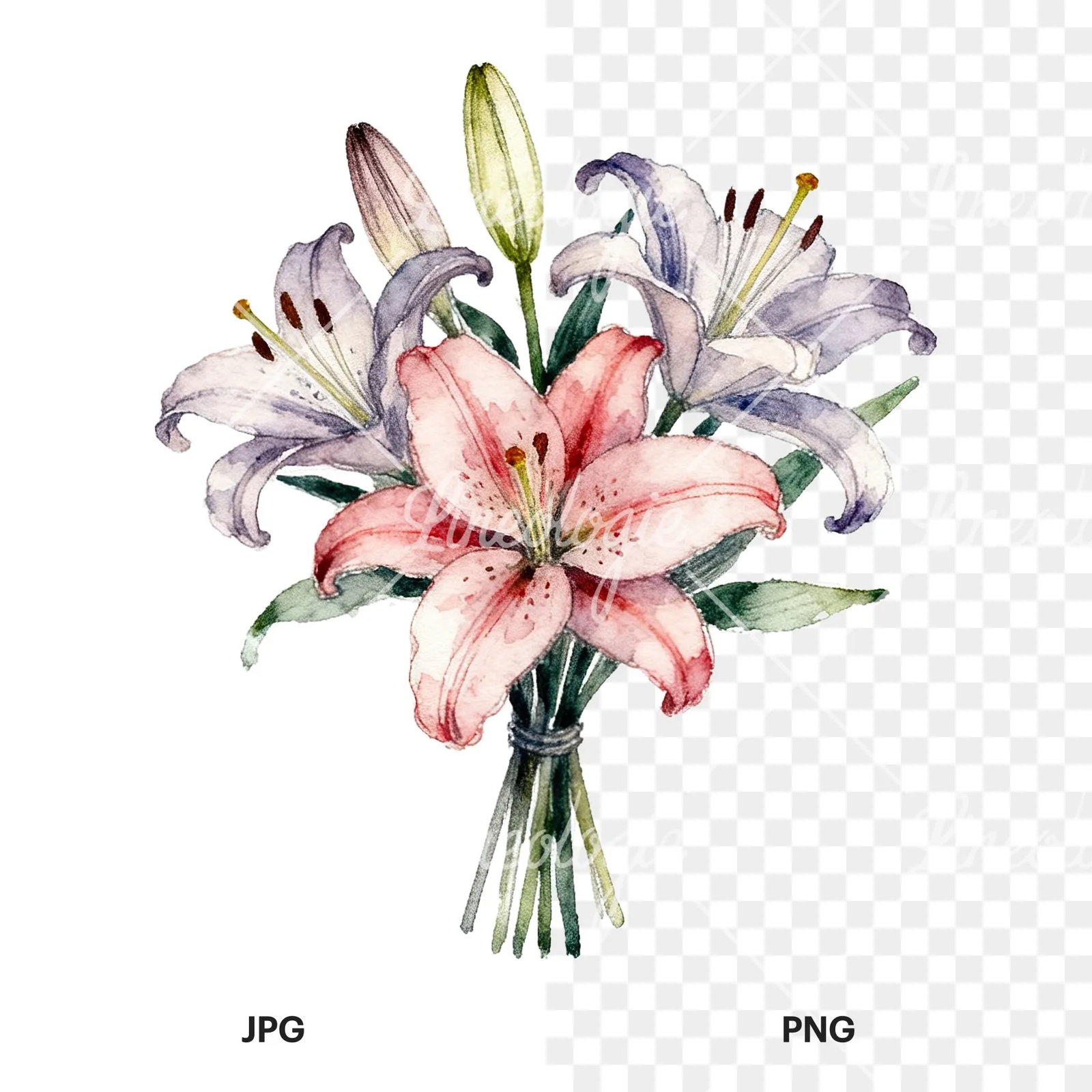 Watercolor pastel lily bouquet clipart 4 of 6, as a JPG on white and a transparent PNG
