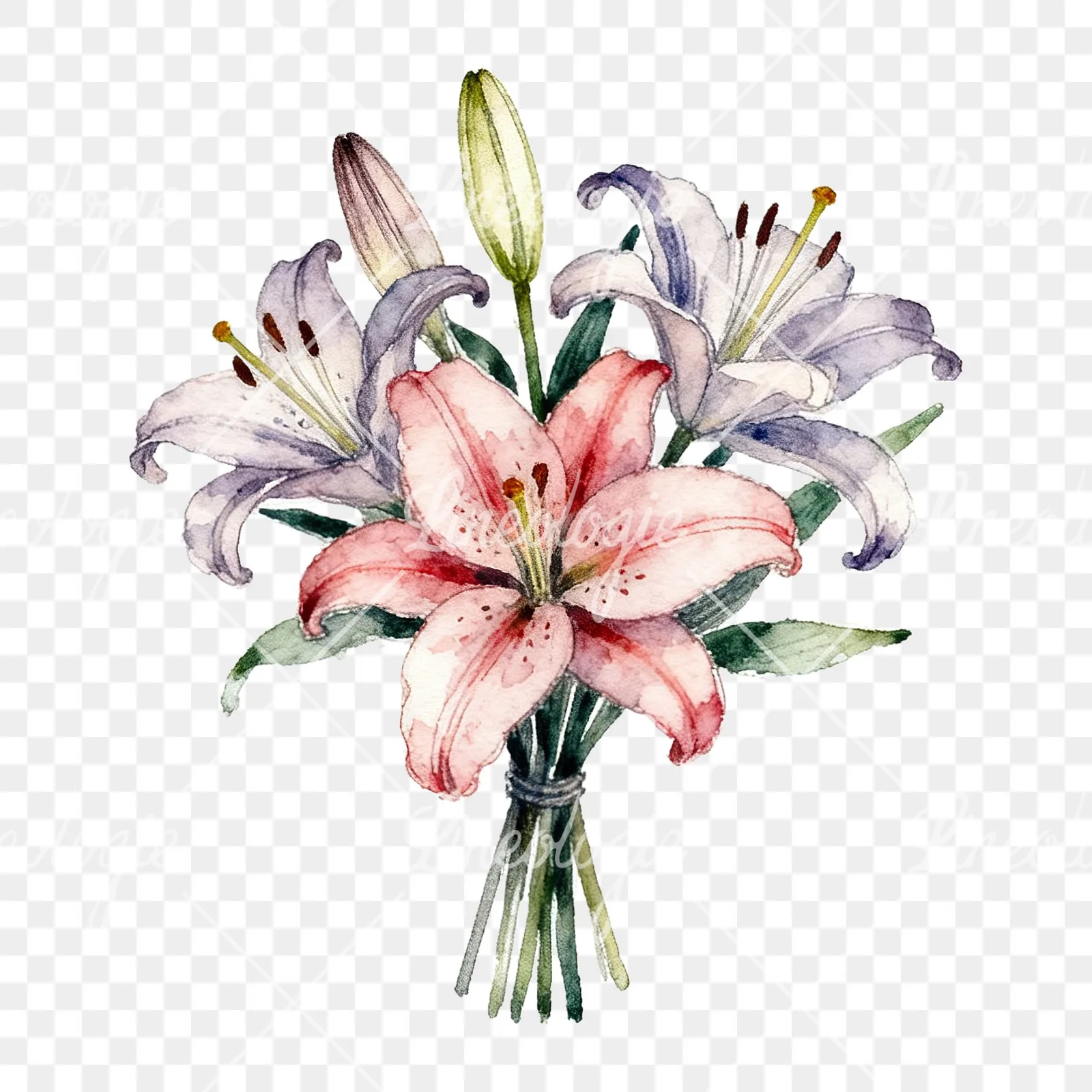 Watercolor pastel lily bouquet clipart 4 of 6 on a transparent background (PNG)