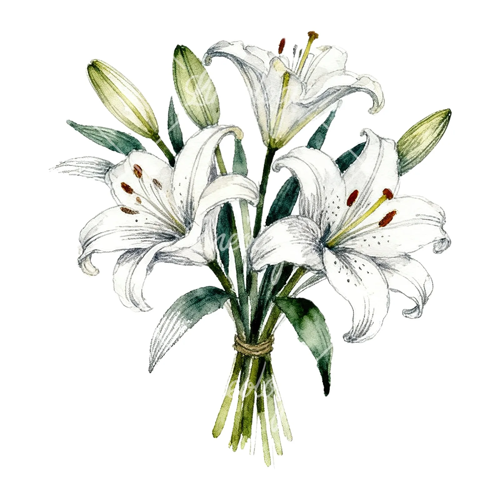 Watercolor pastel lily bouquet clipart 5 of 6 on a white background (JPG)