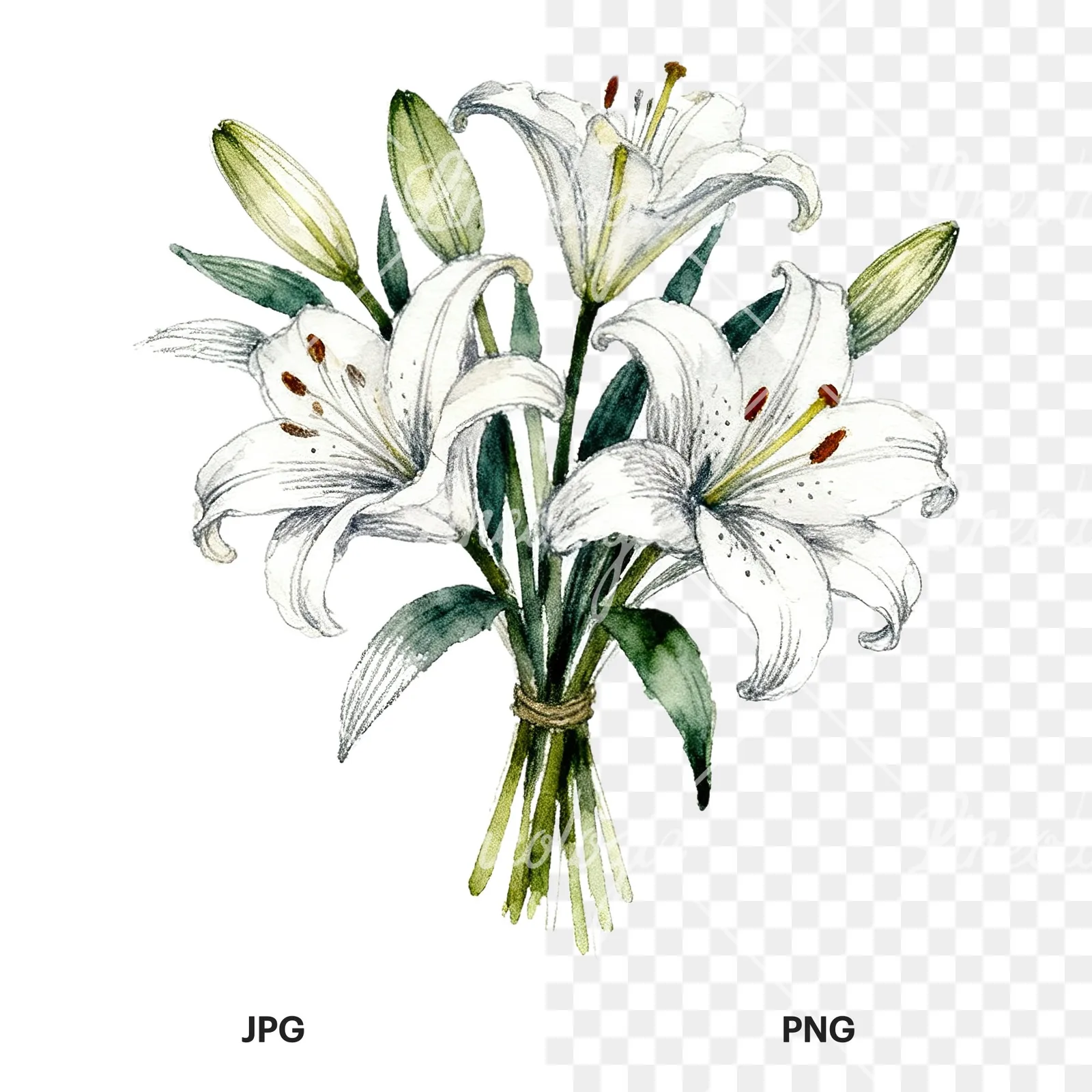 Watercolor pastel lily bouquet clipart 5 of 6, as a JPG on white and a transparent PNG
