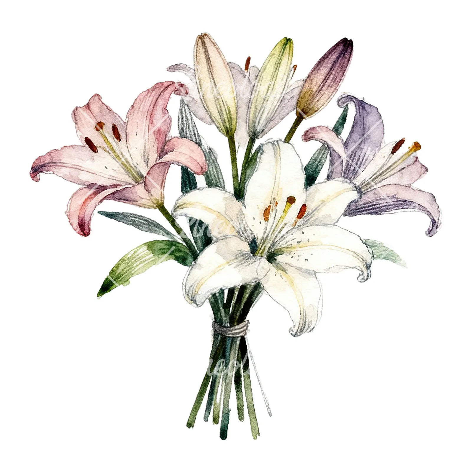 Watercolor pastel lily bouquet clipart 6 of 6 on a white background (JPG)