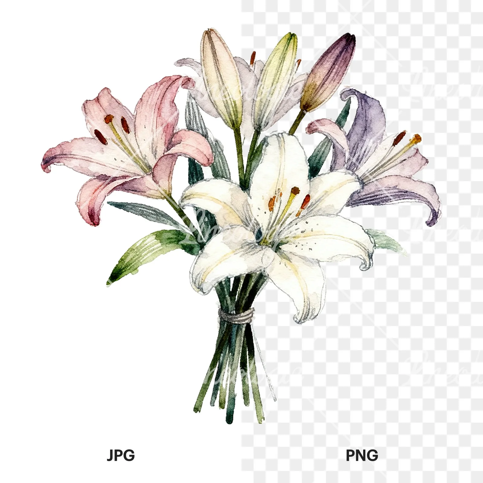 Watercolor pastel lily bouquet clipart 6 of 6, as a JPG on white and a transparent PNG