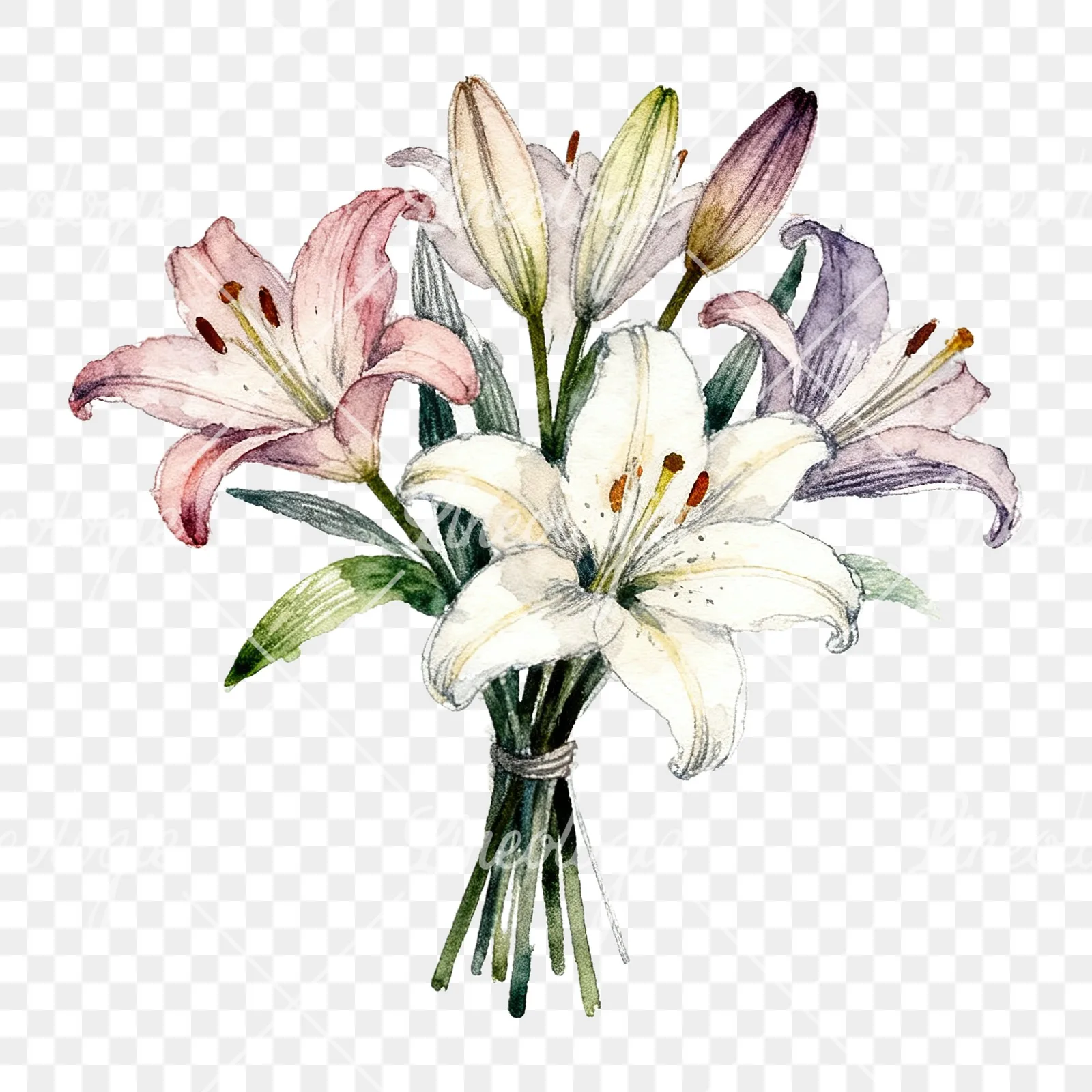 Watercolor pastel lily bouquet clipart 6 of 6 on a transparent background (PNG)