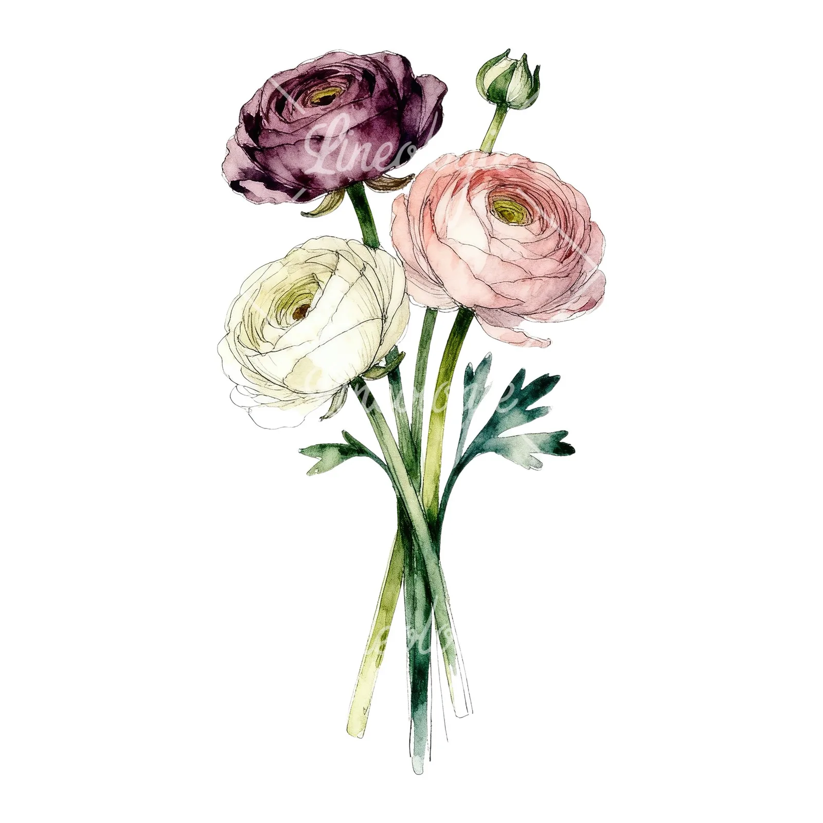 Watercolor warm tone ranunculus bouquet clipart 1 of 6 on a white background (JPG)