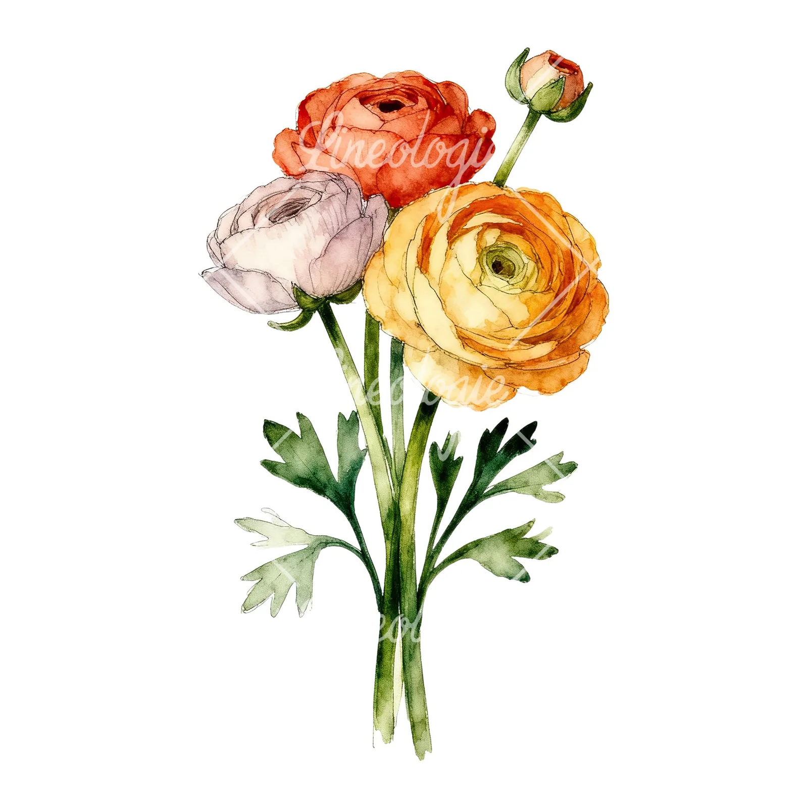 Watercolor warm tone ranunculus bouquet clipart 2 of 6 on a white background (JPG)