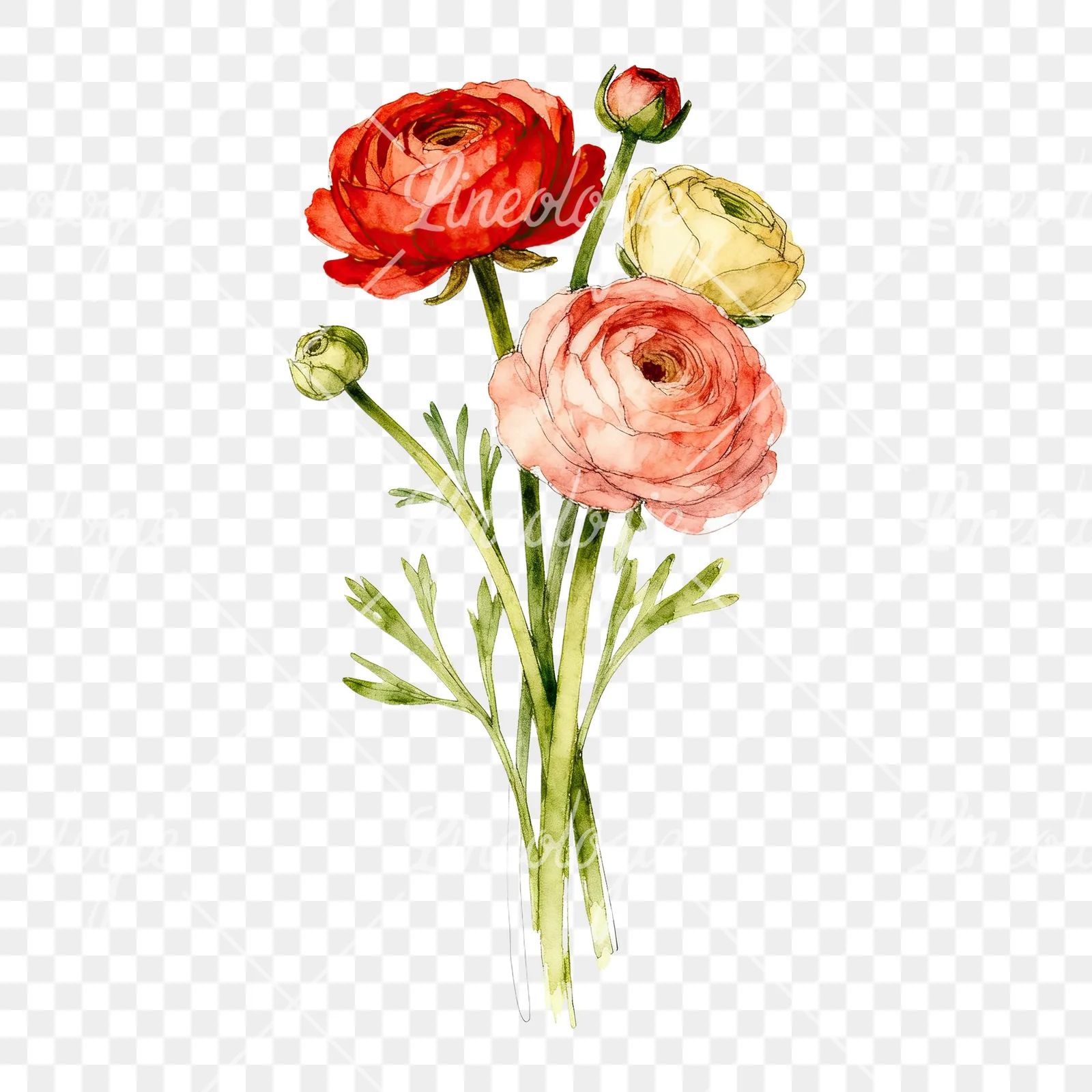 Watercolor warm tone ranunculus bouquet clipart 3 of 6 on a transparent background (PNG)