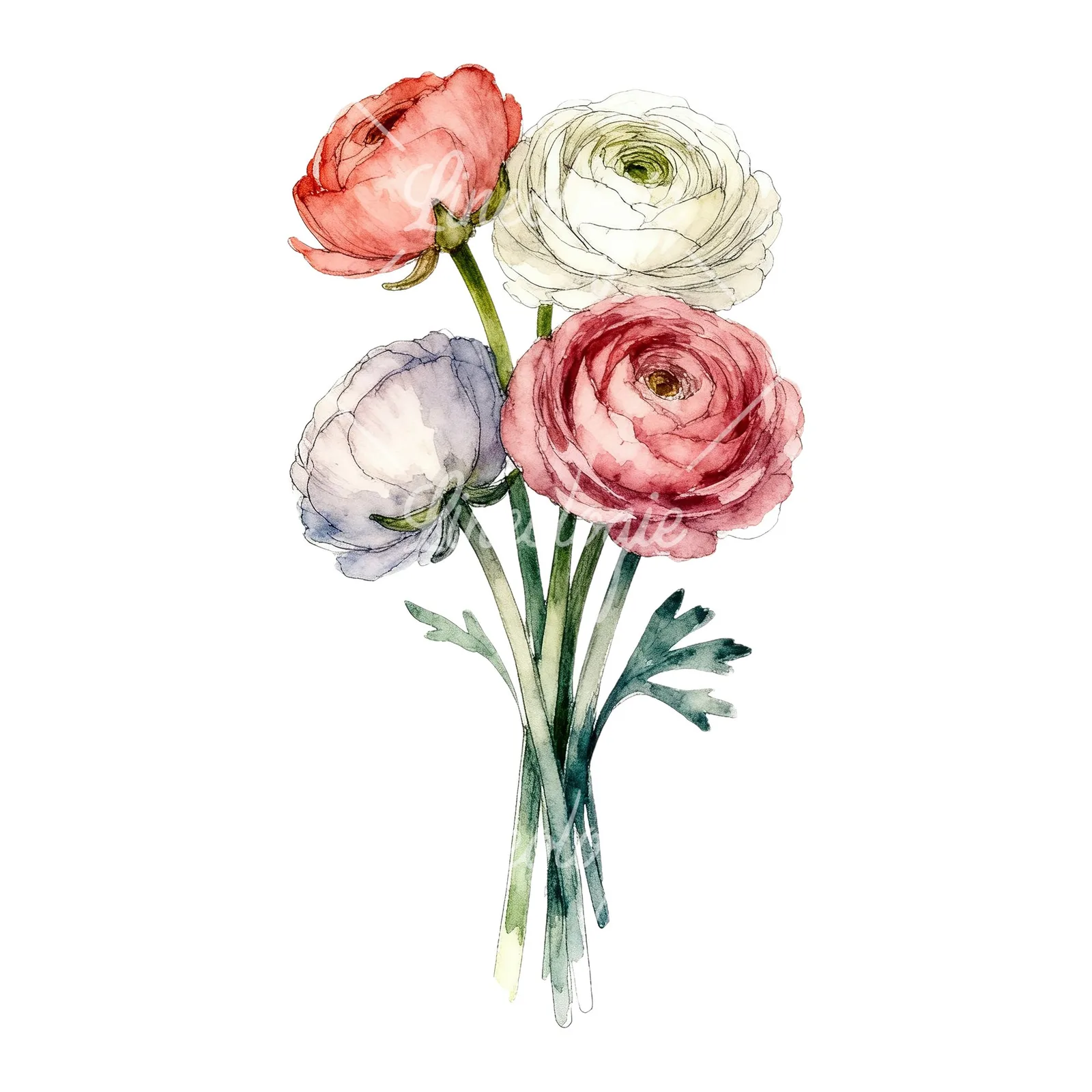 Watercolor warm tone ranunculus bouquet clipart 4 of 6 on a white background (JPG)