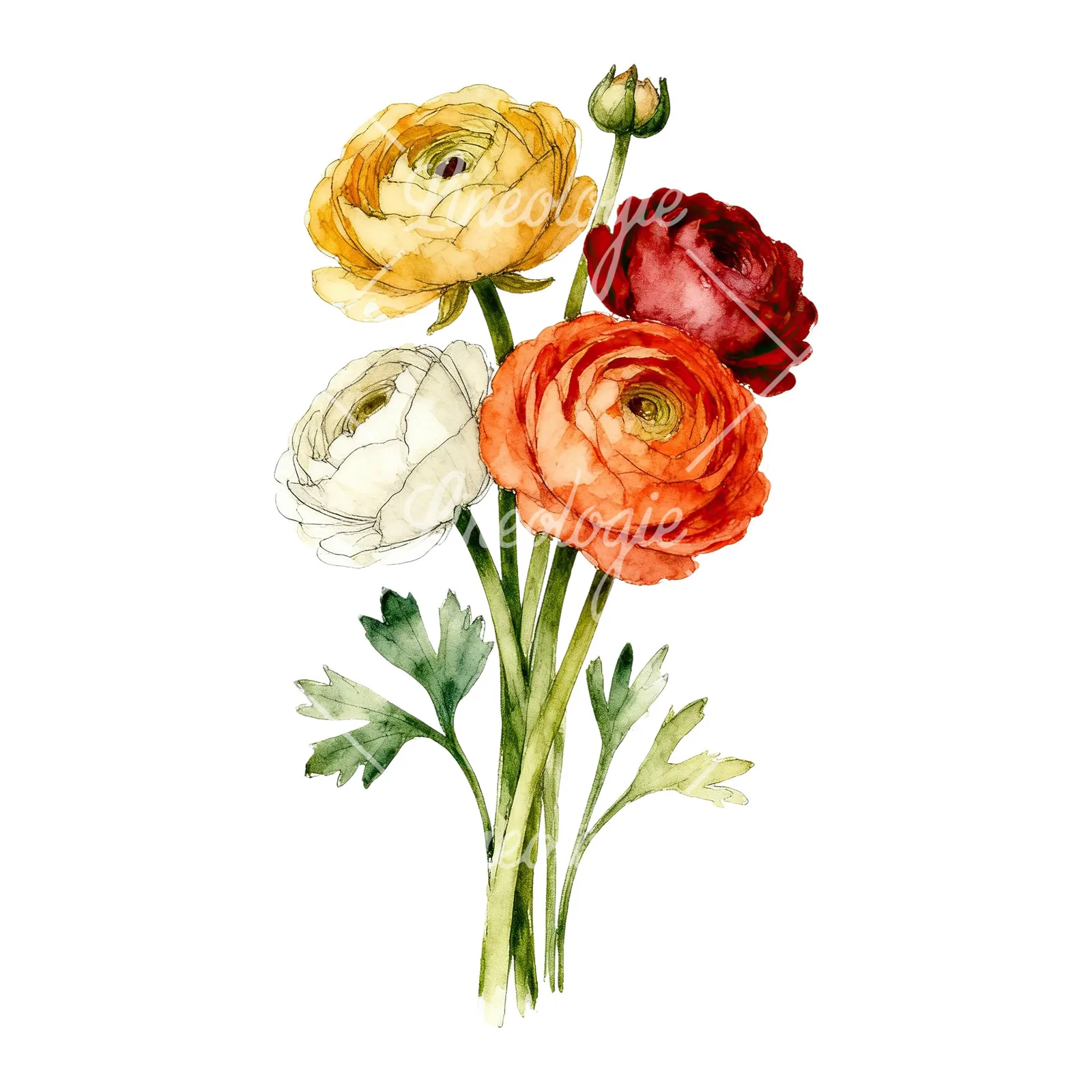 Watercolor warm tone ranunculus bouquet clipart 5 of 6 on a white background (JPG)