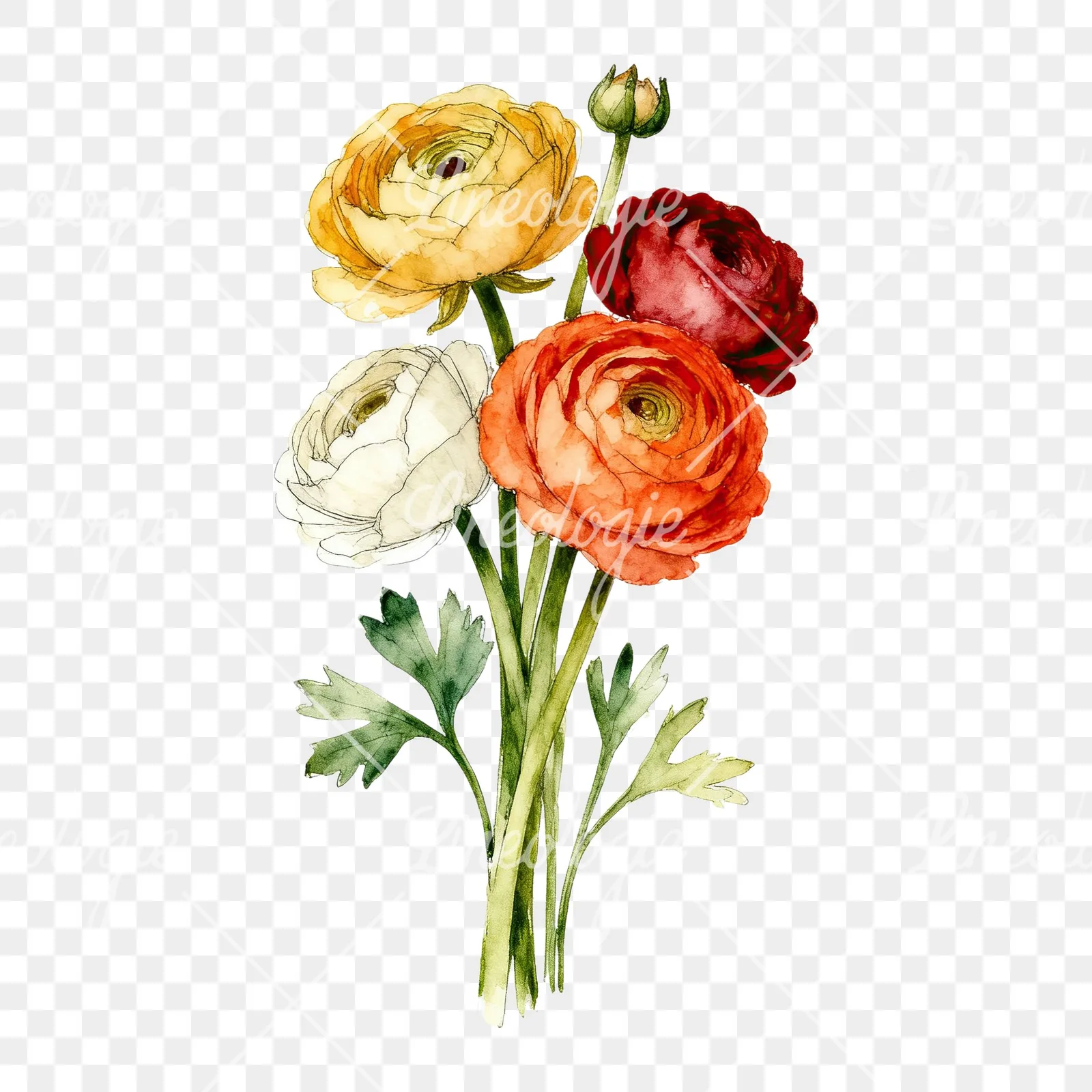 Watercolor warm tone ranunculus bouquet clipart 5 of 6 on a transparent background (PNG)