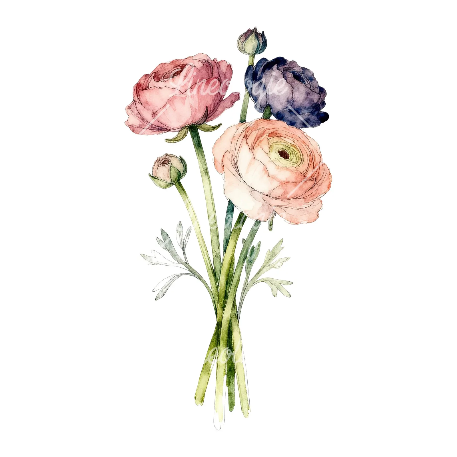 Watercolor warm tone ranunculus bouquet clipart 6 of 6 on a white background (JPG)