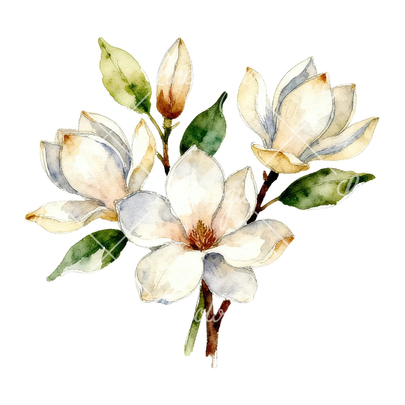 Watercolor cream pink and blue magnolia bouquet clipart 1 of 6 on a white background (JPG)