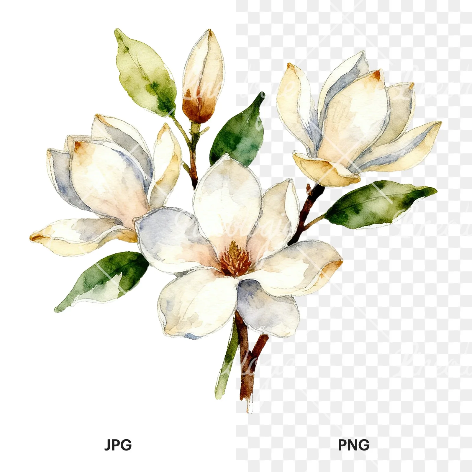 Watercolor cream pink and blue magnolia bouquet clipart 1 of 6, as a JPG on white and a transparent PNG