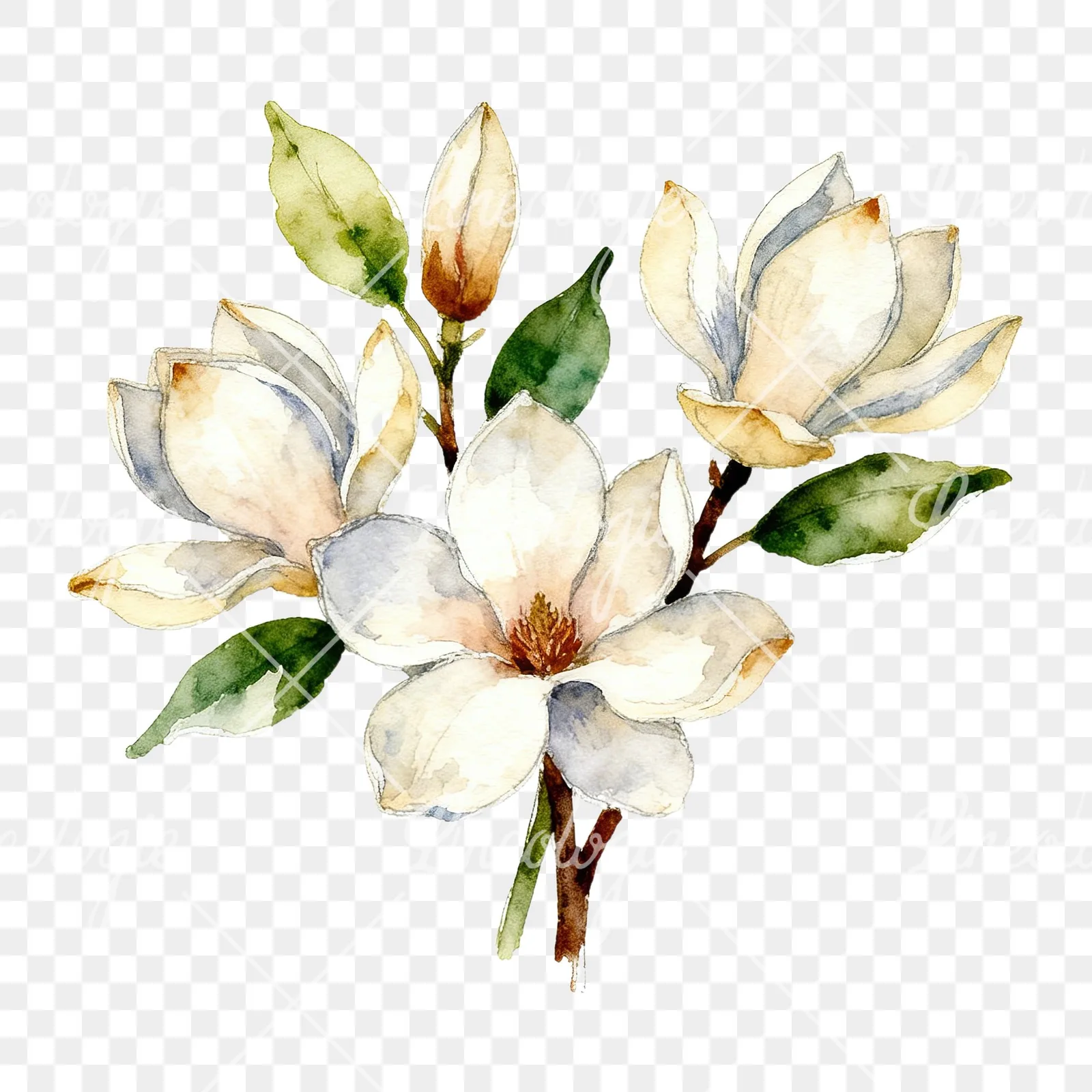 Watercolor cream pink and blue magnolia bouquet clipart 1 of 6 on a transparent background (PNG)