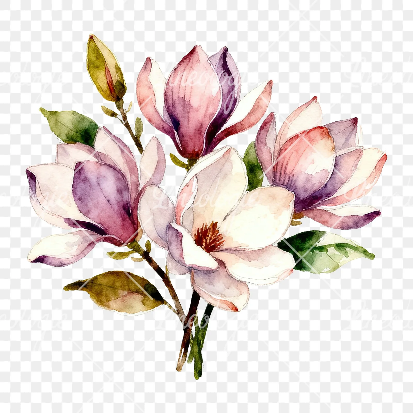Watercolor cream pink and blue magnolia bouquet clipart 2 of 6 on a transparent background (PNG)