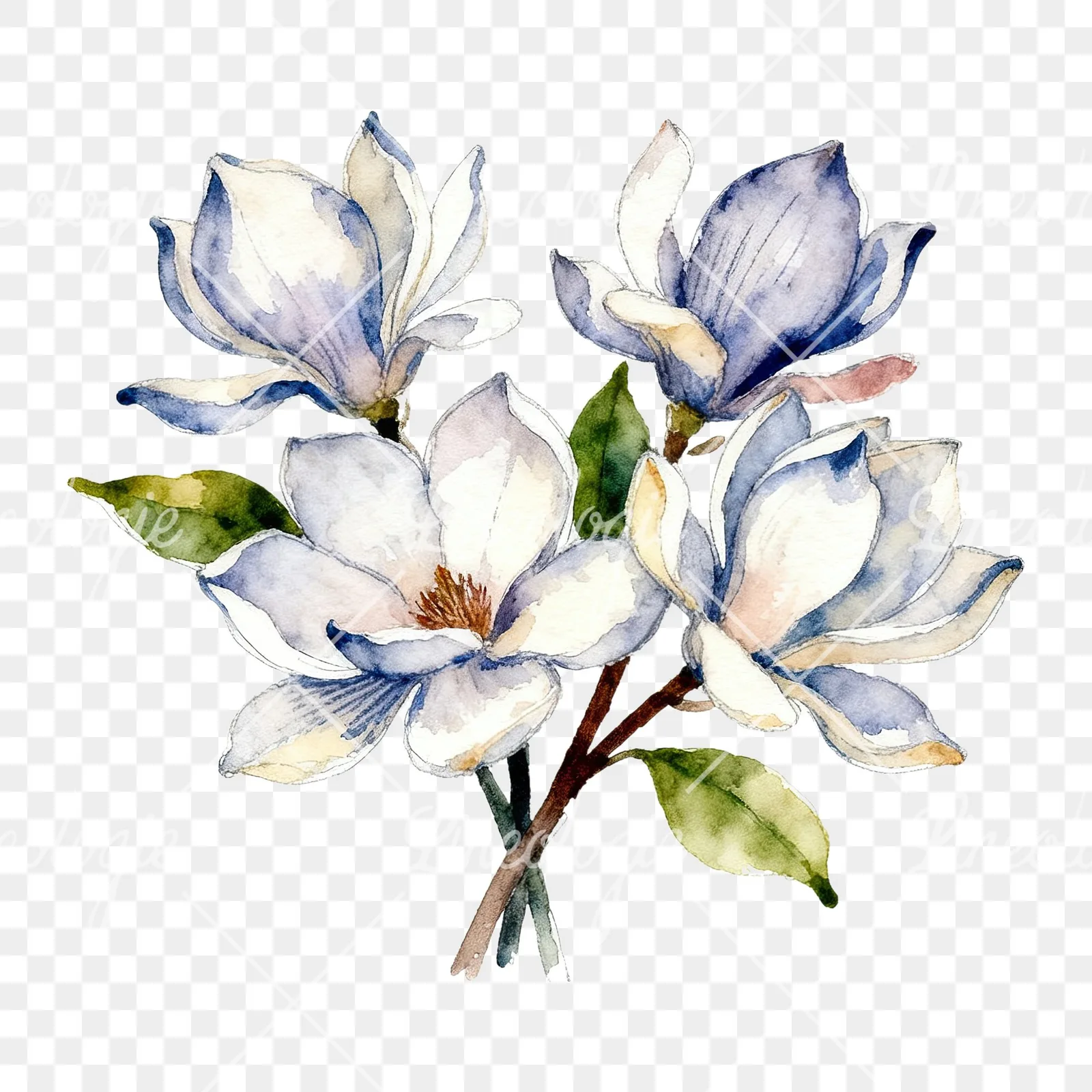 Watercolor cream pink and blue magnolia bouquet clipart 3 of 6 on a transparent background (PNG)
