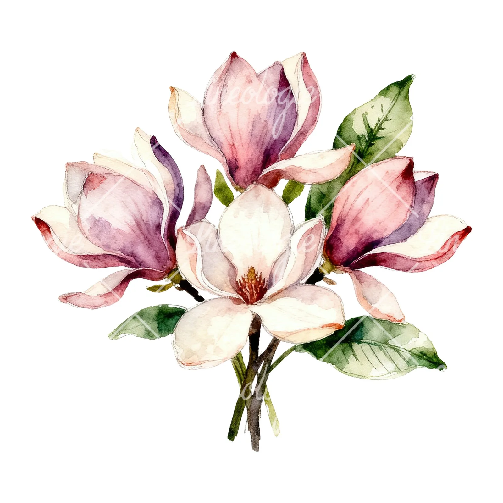 Watercolor cream pink and blue magnolia bouquet clipart 4 of 6 on a white background (JPG)