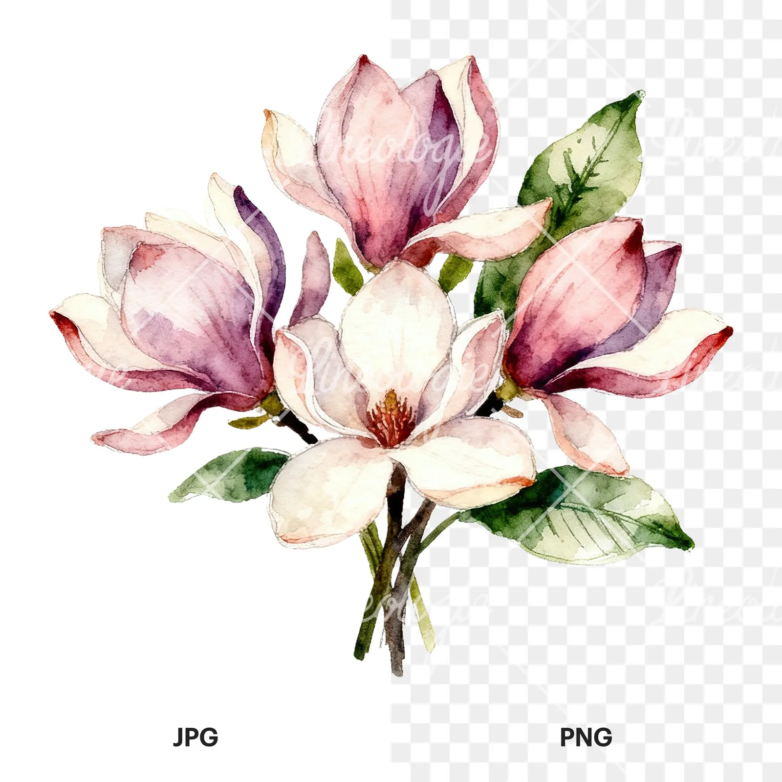 Watercolor cream pink and blue magnolia bouquet clipart 4 of 6, as a JPG on white and a transparent PNG