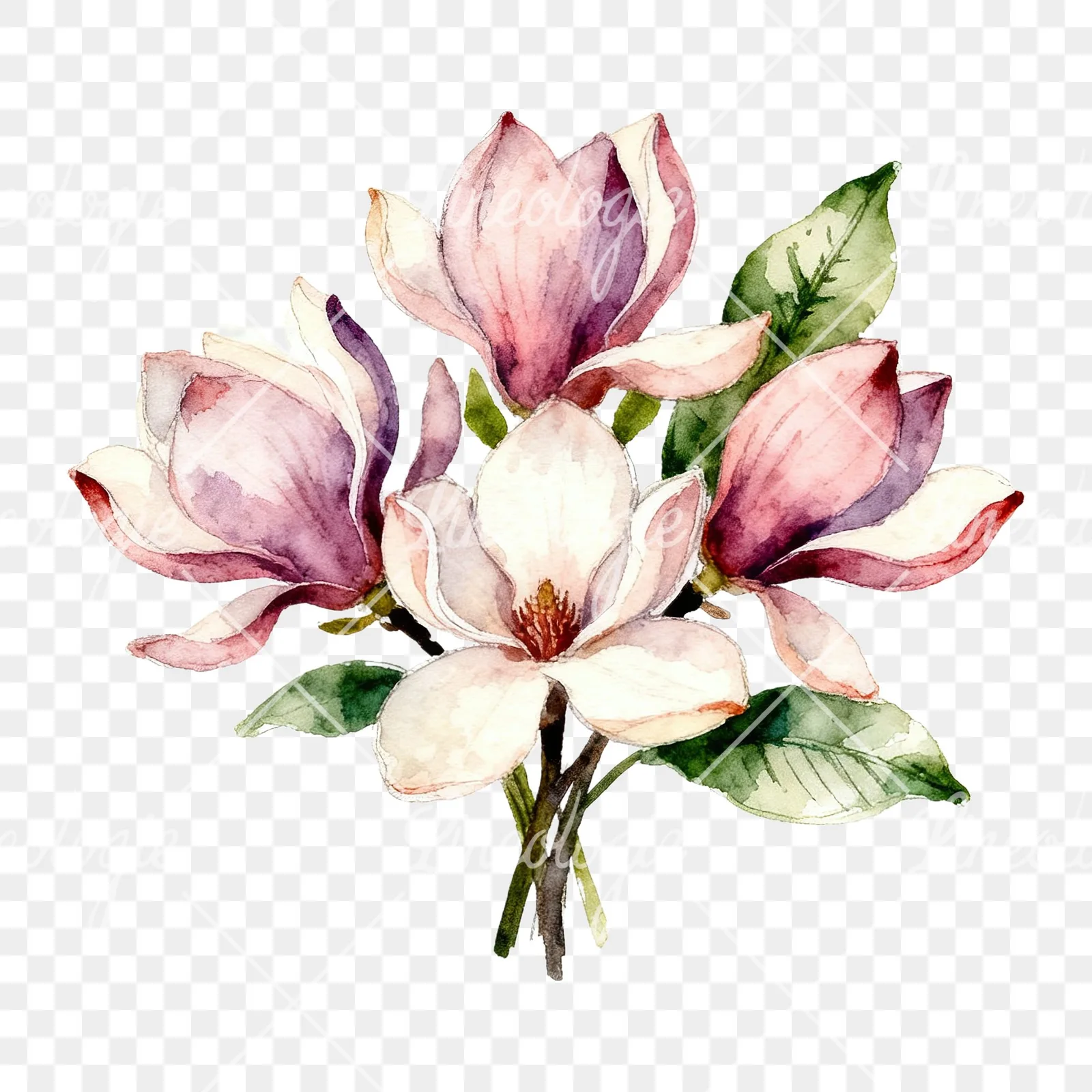 Watercolor cream pink and blue magnolia bouquet clipart 4 of 6 on a transparent background (PNG)