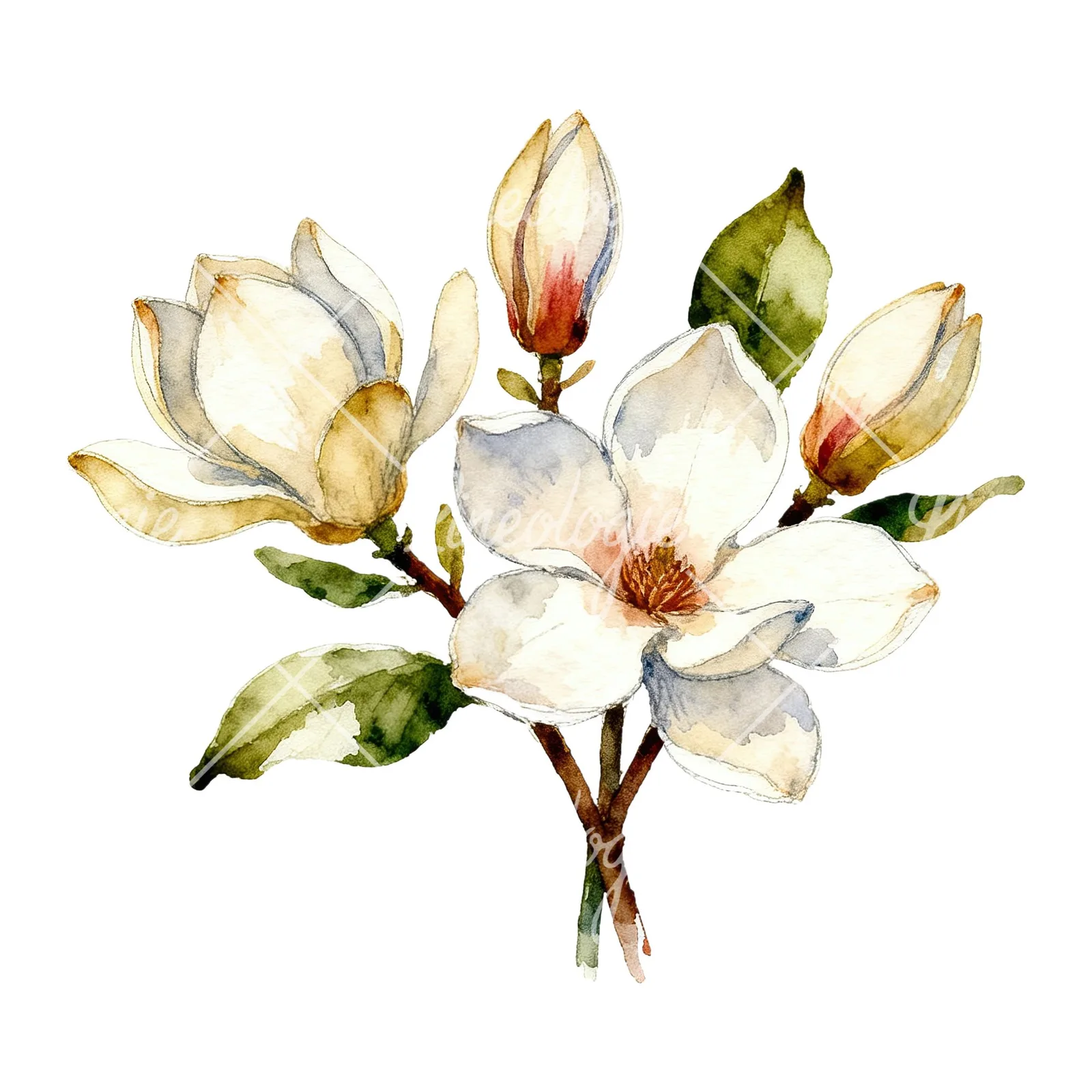 Watercolor cream pink and blue magnolia bouquet clipart 5 of 6 on a white background (JPG)