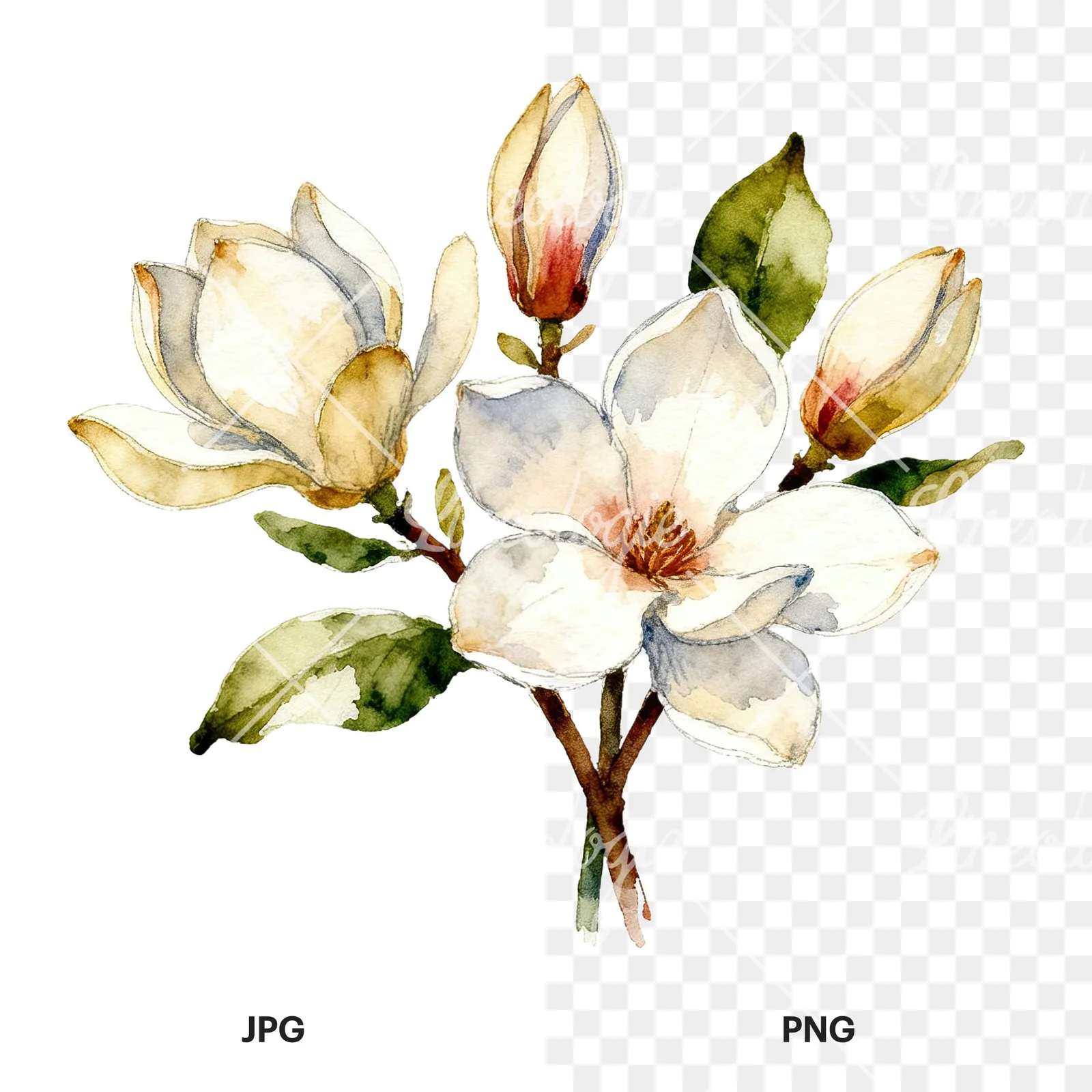 Watercolor cream pink and blue magnolia bouquet clipart 5 of 6, as a JPG on white and a transparent PNG