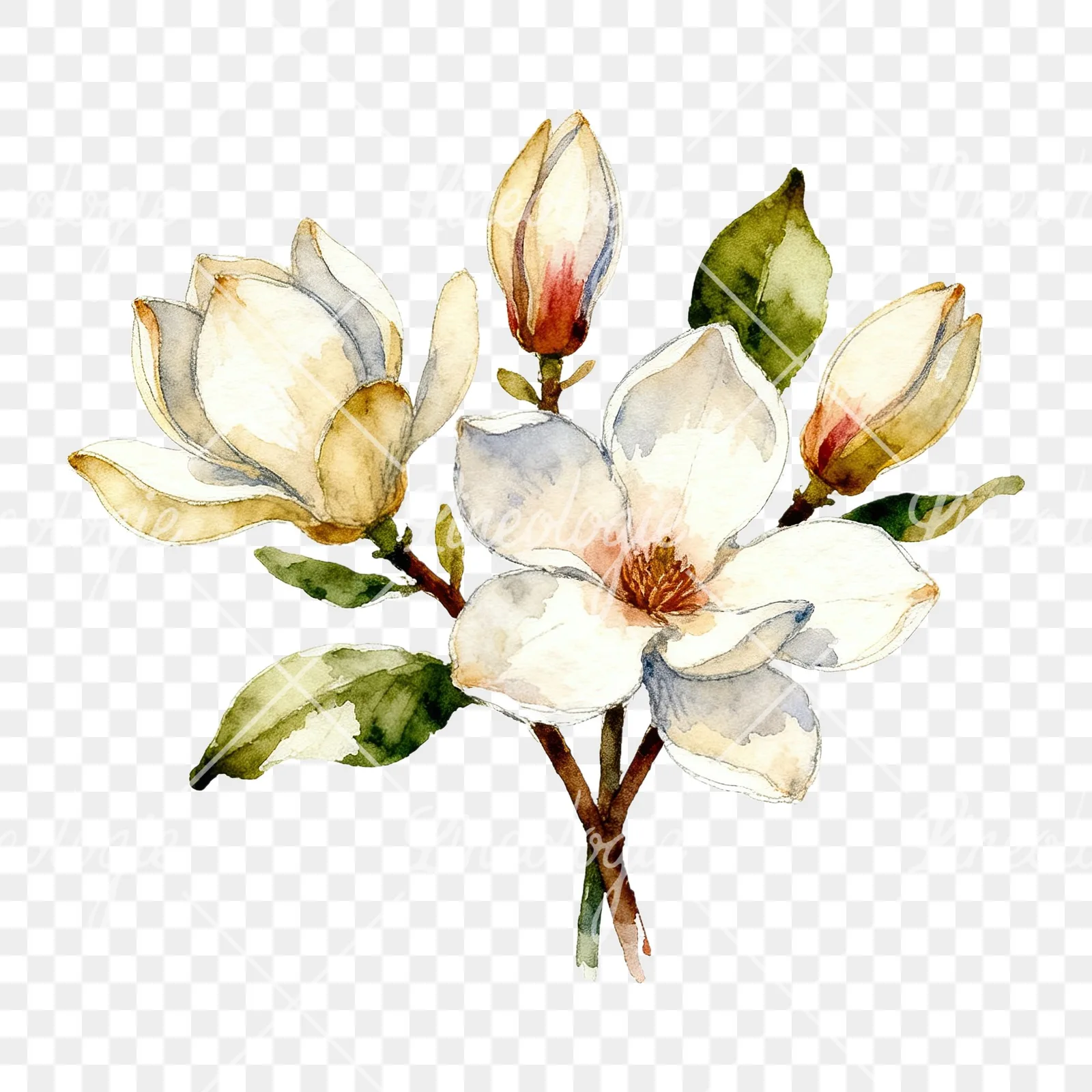 Watercolor cream pink and blue magnolia bouquet clipart 5 of 6 on a transparent background (PNG)
