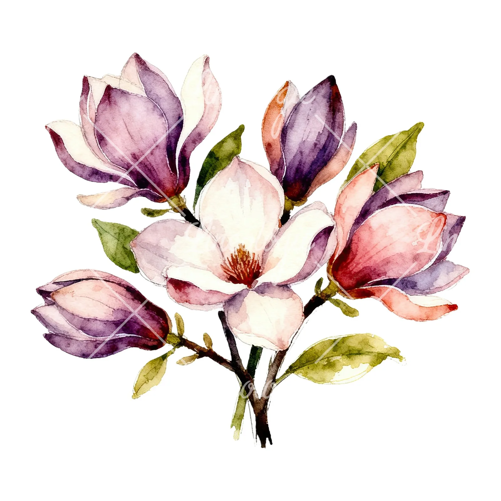 Watercolor cream pink and blue magnolia bouquet clipart 6 of 6 on a white background (JPG)