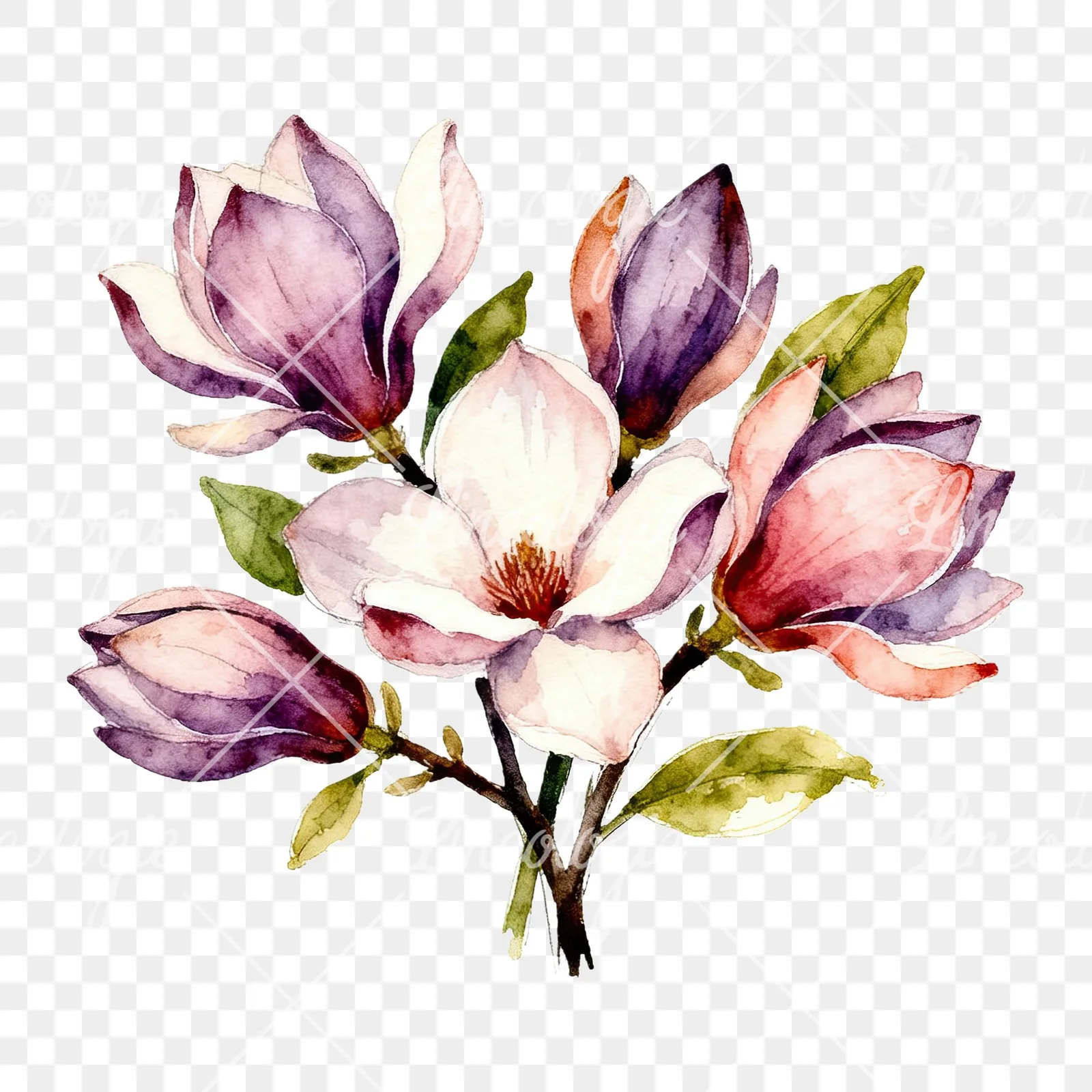 Watercolor cream pink and blue magnolia bouquet clipart 6 of 6 on a transparent background (PNG)