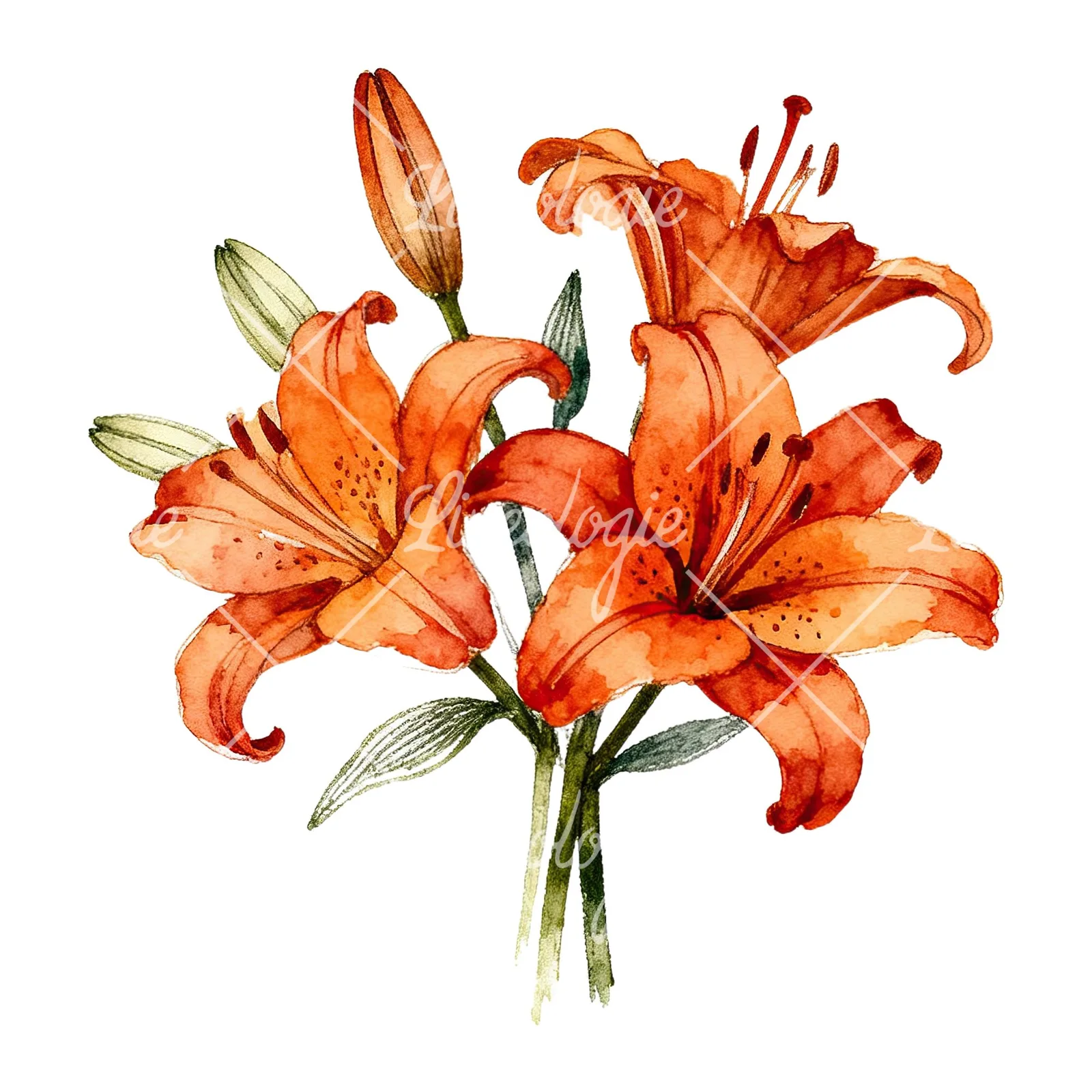 Watercolor orange lily bouquet with buds clipart 1 of 6 on a white background (JPG)