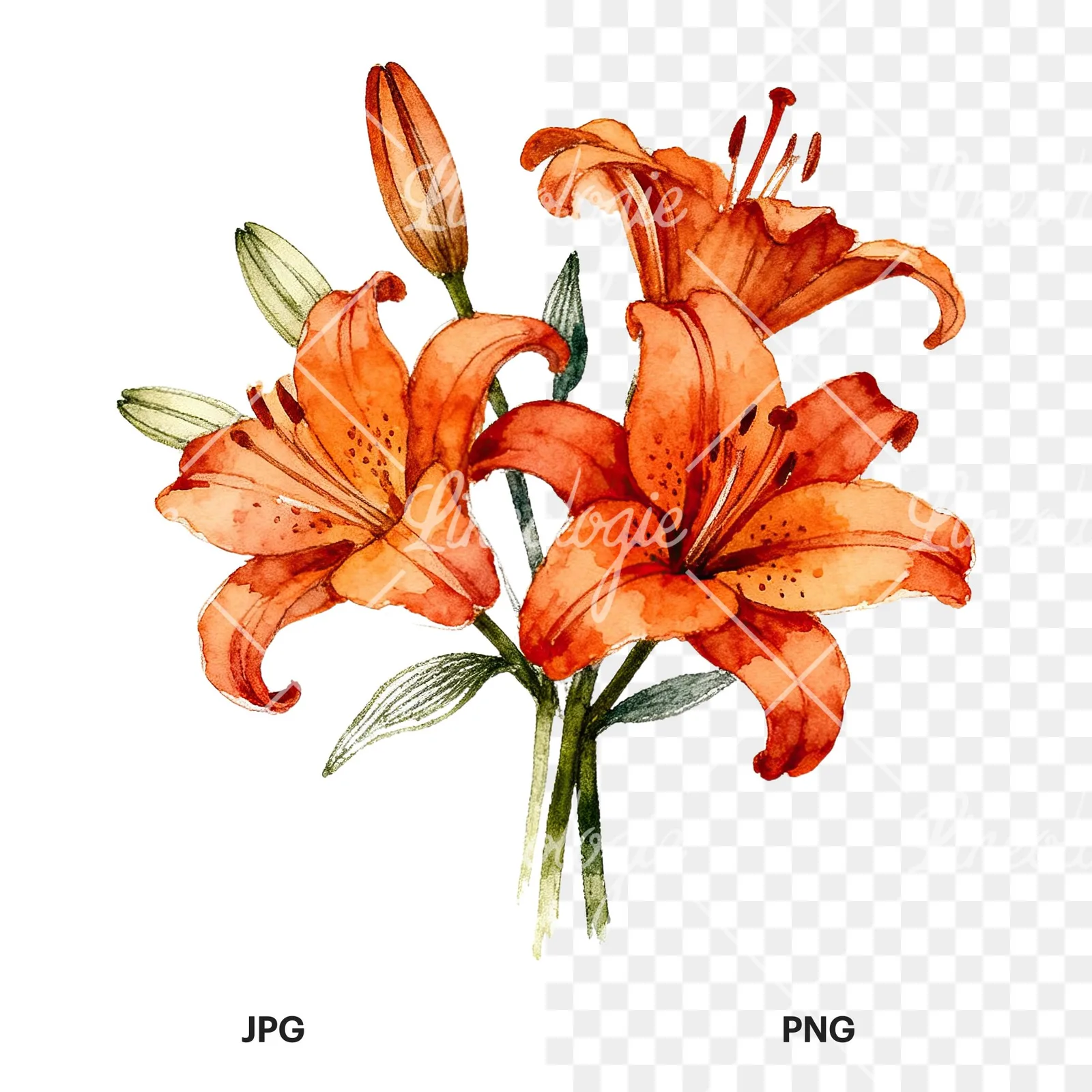 Watercolor orange lily bouquet with buds clipart 1 of 6, as a JPG on white and a transparent PNG