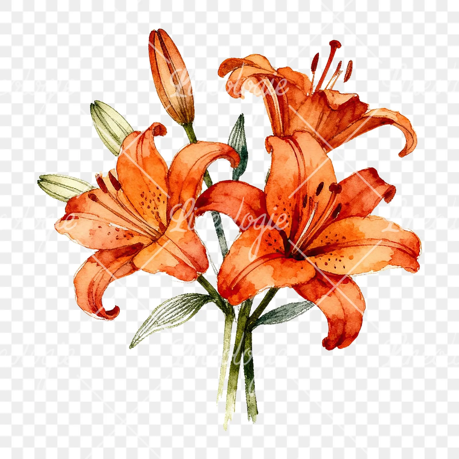 Watercolor orange lily bouquet with buds clipart 1 of 6 on a transparent background (PNG)