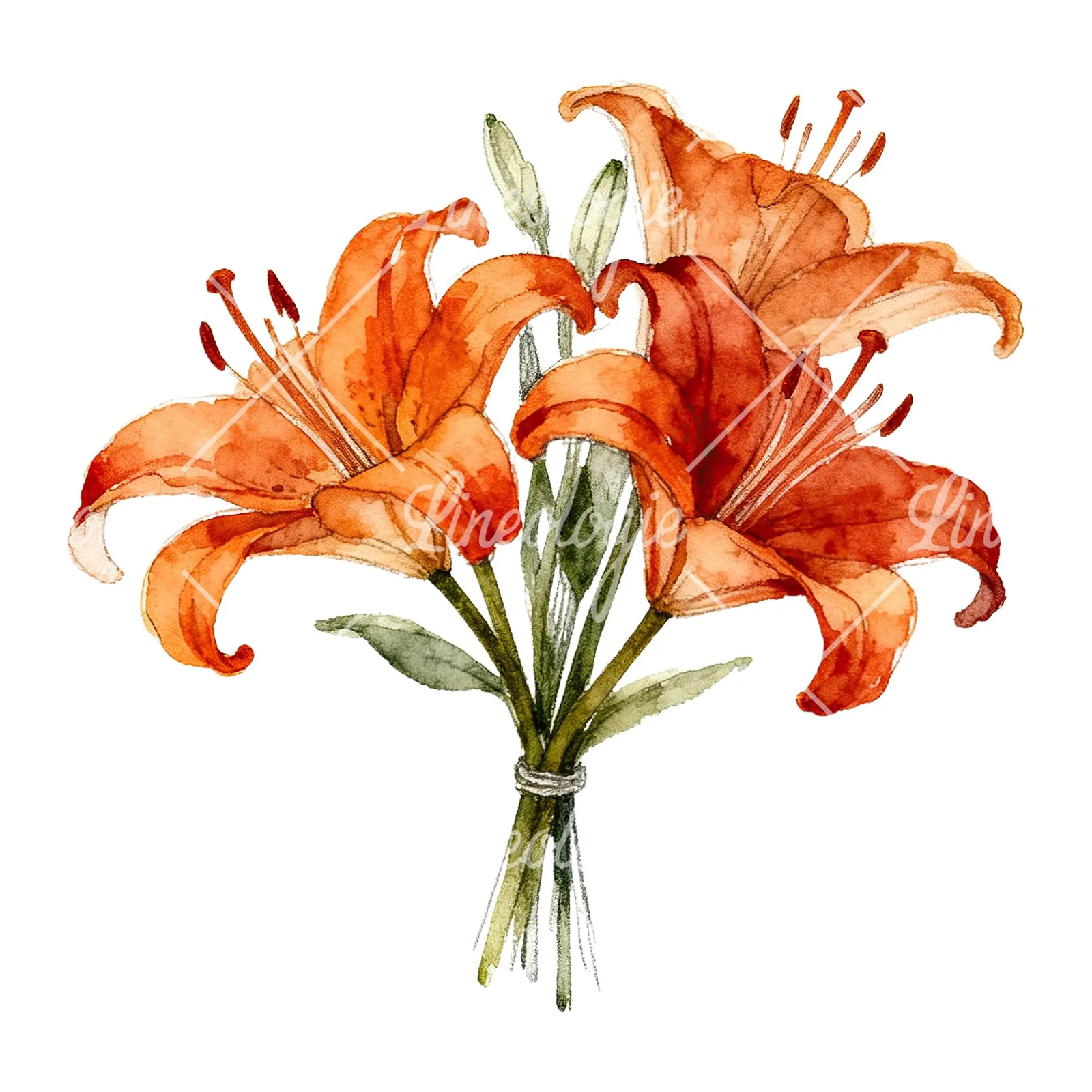 Watercolor orange lily bouquet with buds clipart 2 of 6 on a white background (JPG)