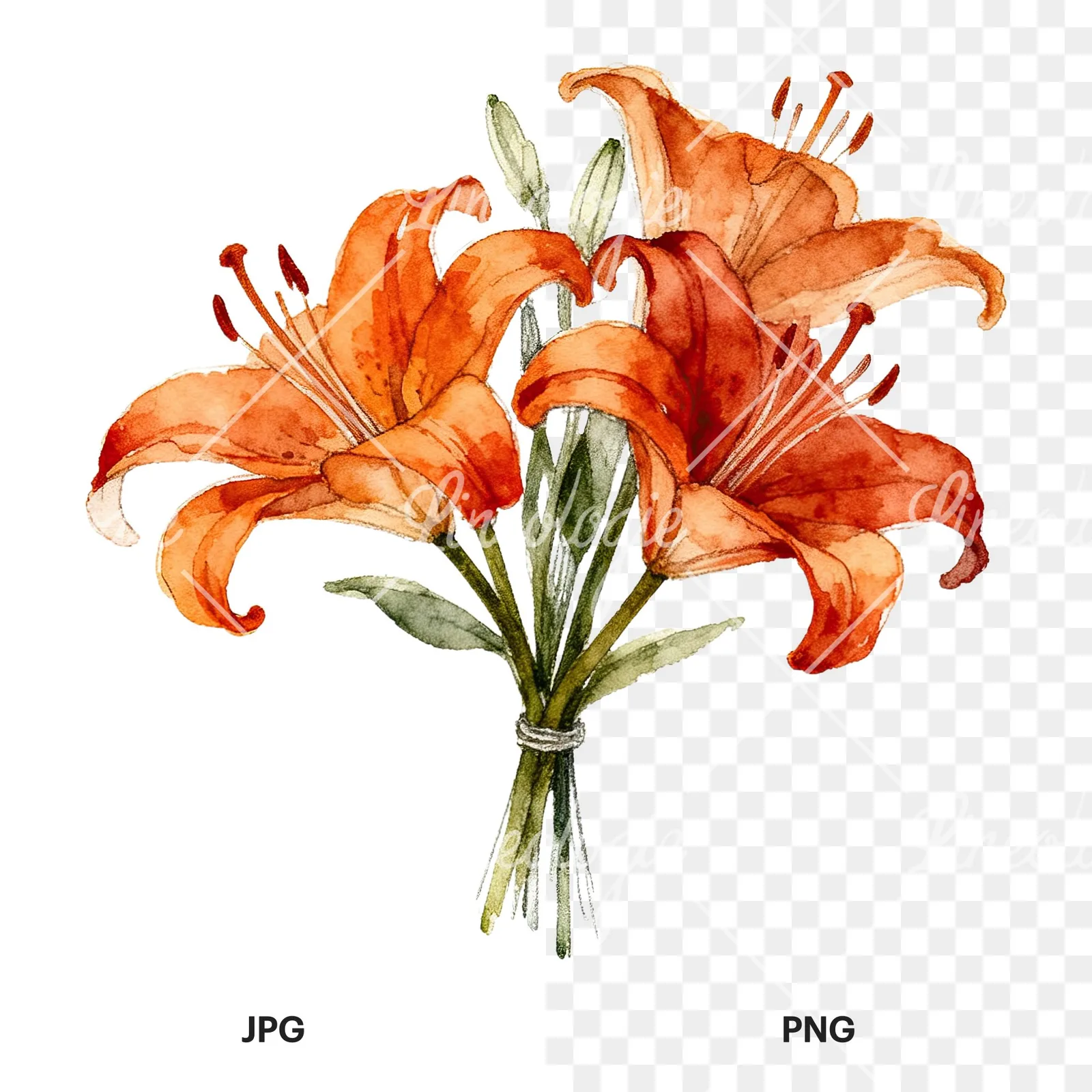 Watercolor orange lily bouquet with buds clipart 2 of 6, as a JPG on white and a transparent PNG